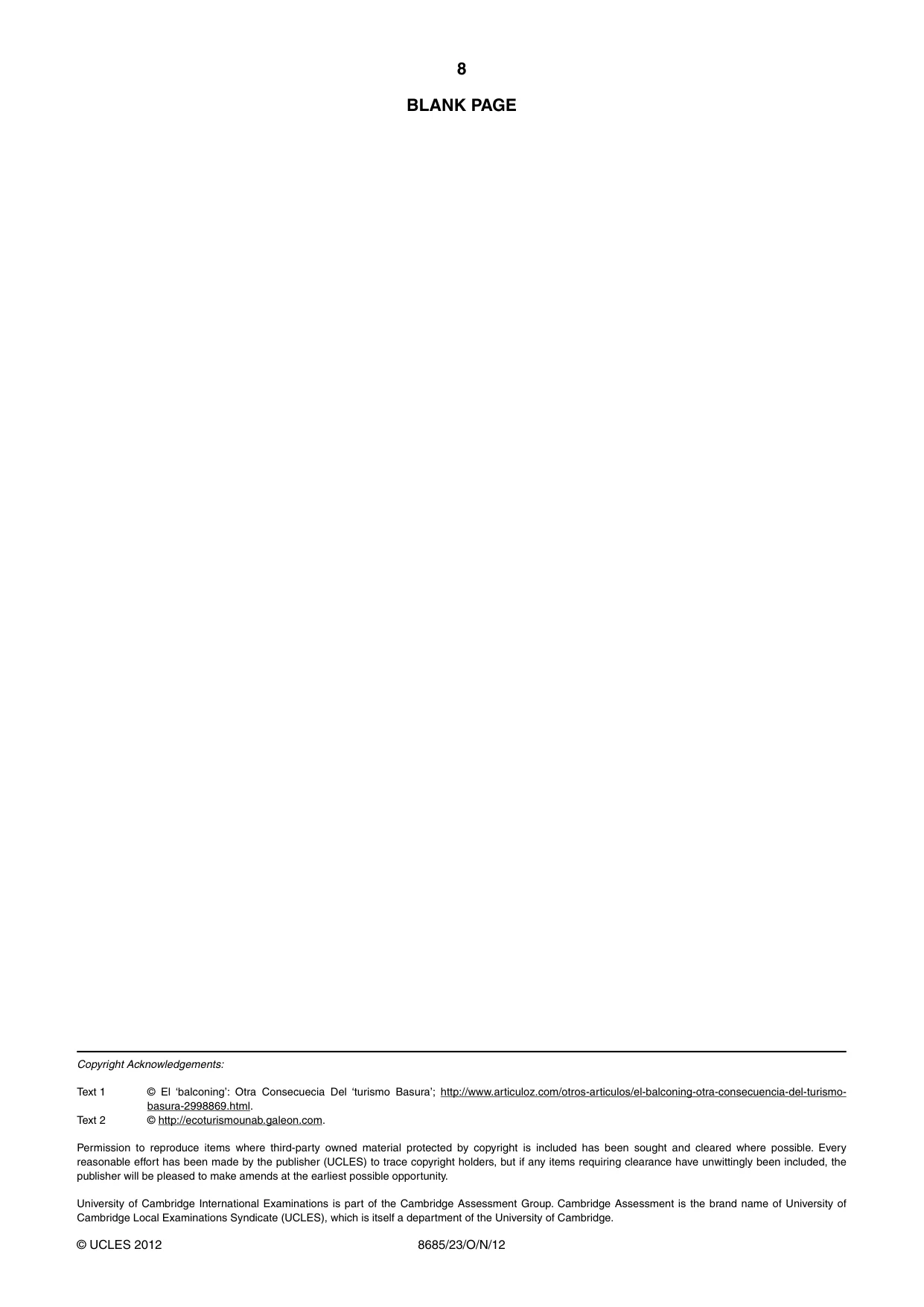 Cambridge A Level Spanish - Language (AS Level only) 8685 2012 Oct/Nov Paper 2 · Variant 3 question paper, page 8 of 8