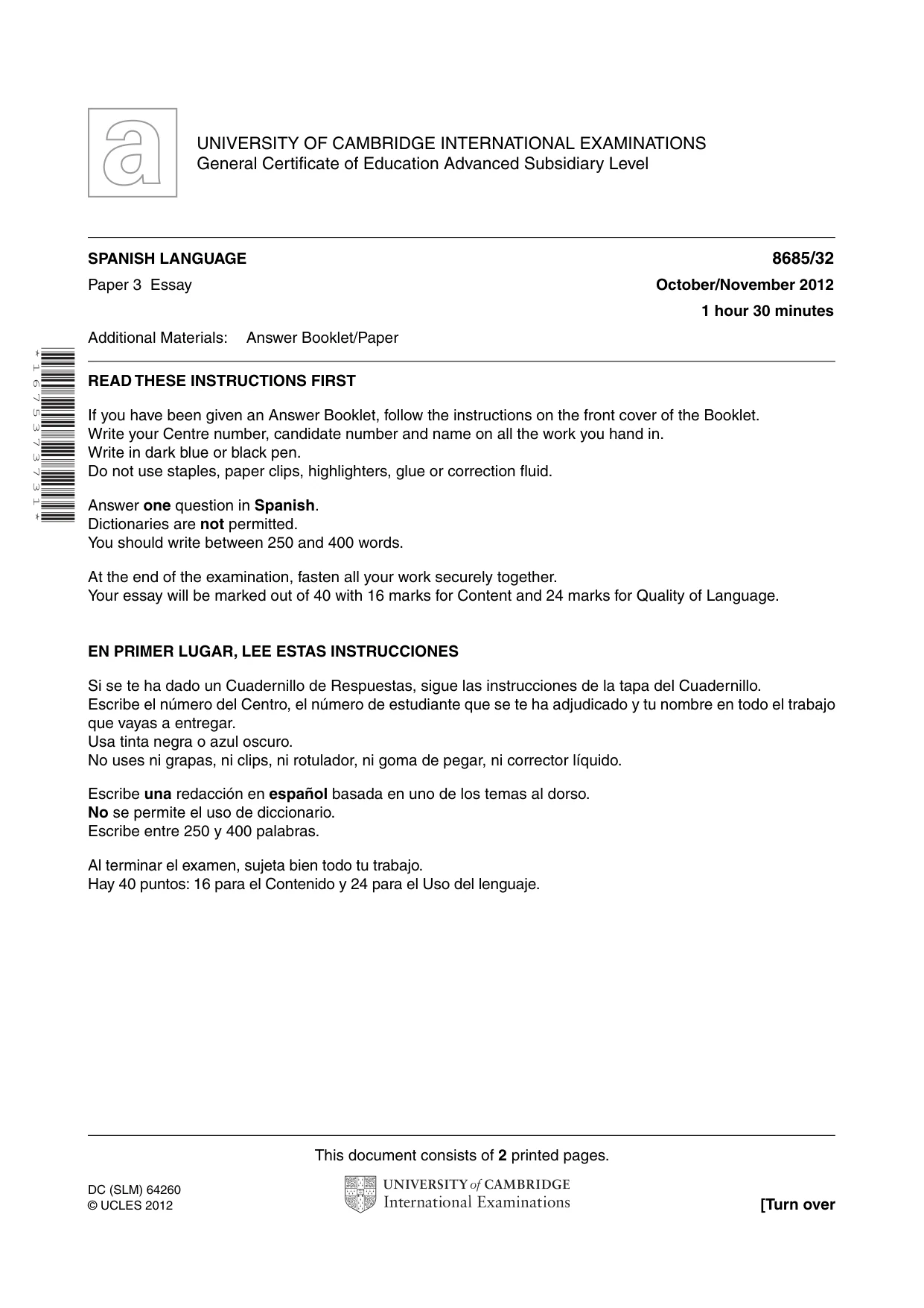 Cambridge A Level Spanish - Language (AS Level only) 8685 2012 Oct/Nov Paper 3 · Variant 2 question paper, page 1 of 2