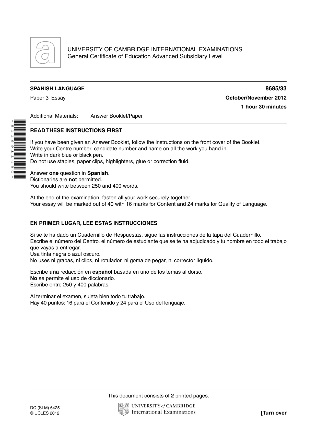 Cambridge A Level Spanish - Language (AS Level only) 8685 2012 Oct/Nov Paper 3 · Variant 3 question paper, page 1 of 2