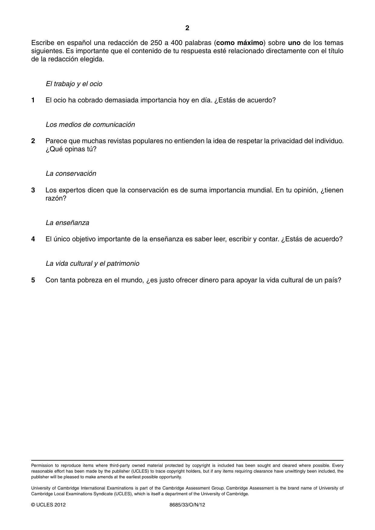 Cambridge A Level Spanish - Language (AS Level only) 8685 2012 Oct/Nov Paper 3 · Variant 3 question paper, page 2 of 2