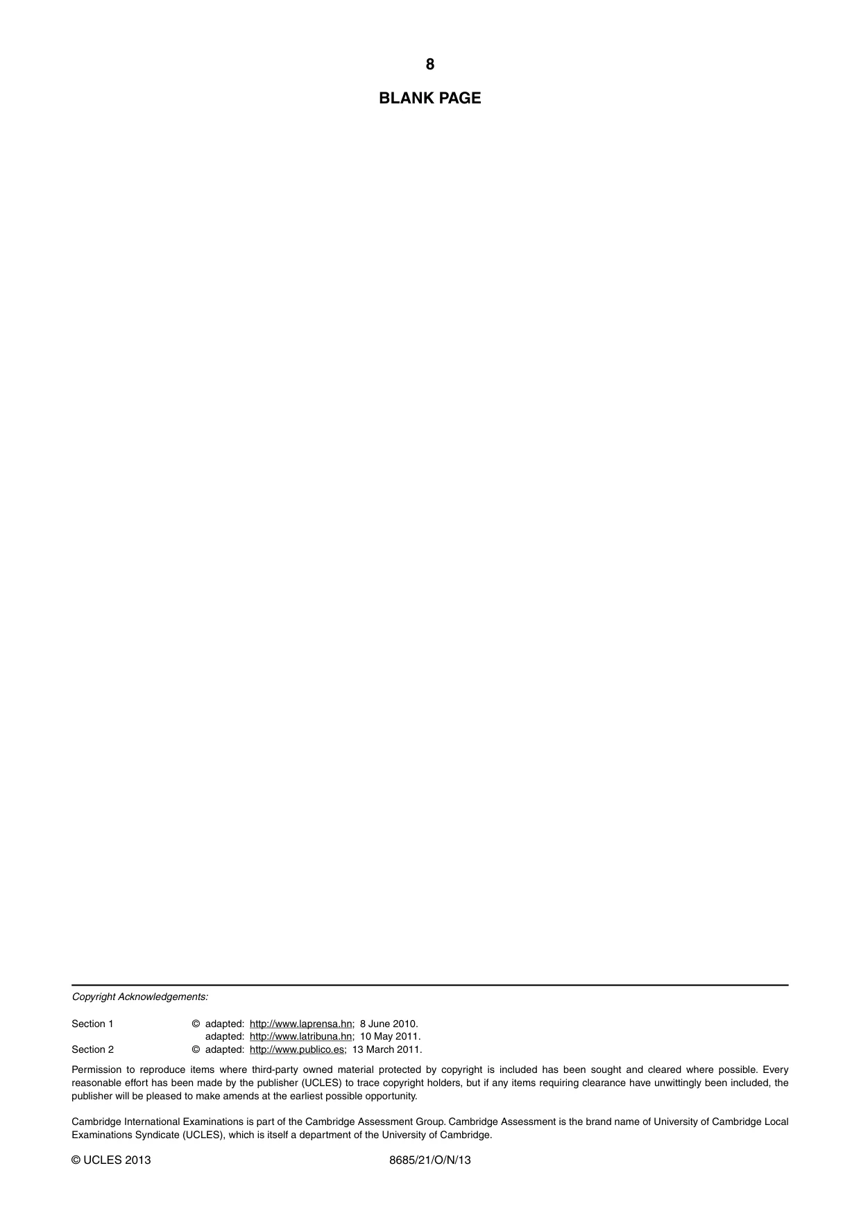 Cambridge A Level Spanish - Language (AS Level only) 8685 2013 Oct/Nov Paper 2 · Variant 1 question paper, page 8 of 8