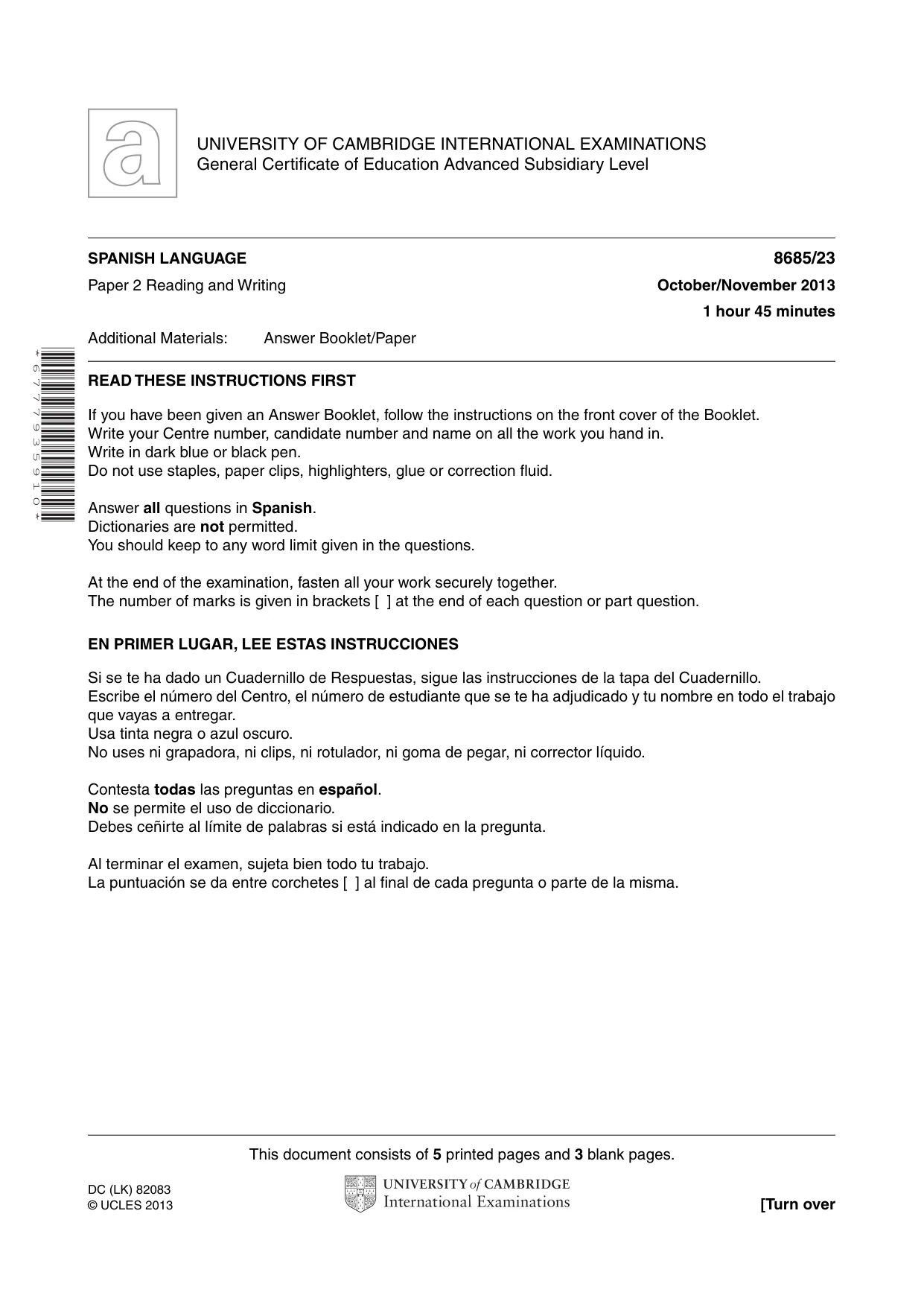Cambridge A Level Spanish - Language (AS Level only) 8685 2013 Oct/Nov Paper 2 · Variant 3 question paper, page 1 of 8