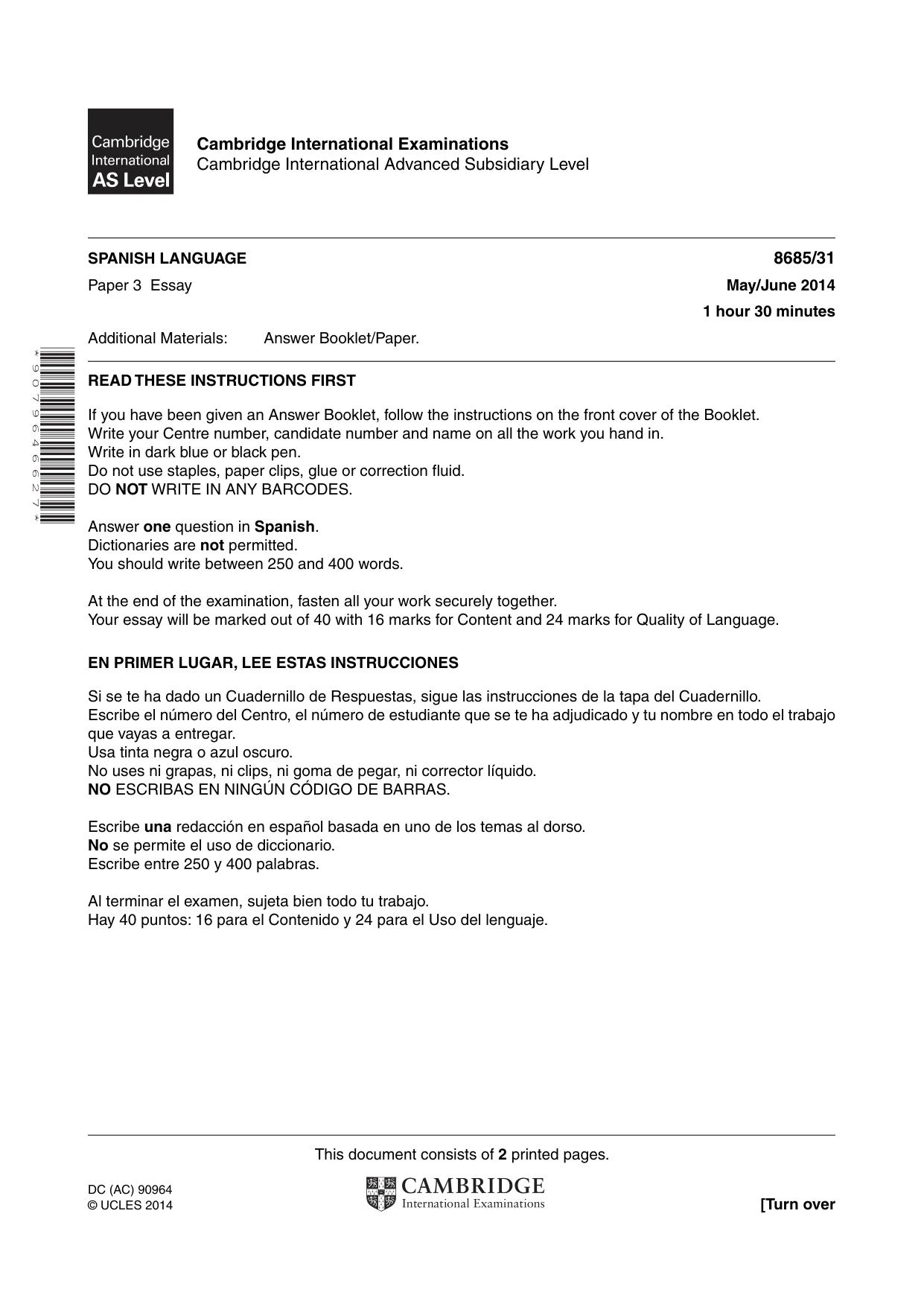 Cambridge A Level Spanish - Language (AS Level only) 8685 2014 May/June Paper 3 · Variant 1 question paper, page 1 of 2