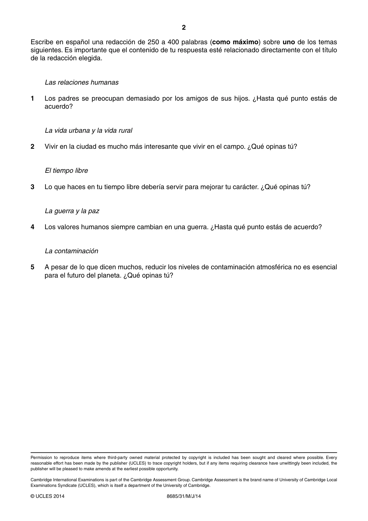 Cambridge A Level Spanish - Language (AS Level only) 8685 2014 May/June Paper 3 · Variant 1 question paper, page 2 of 2