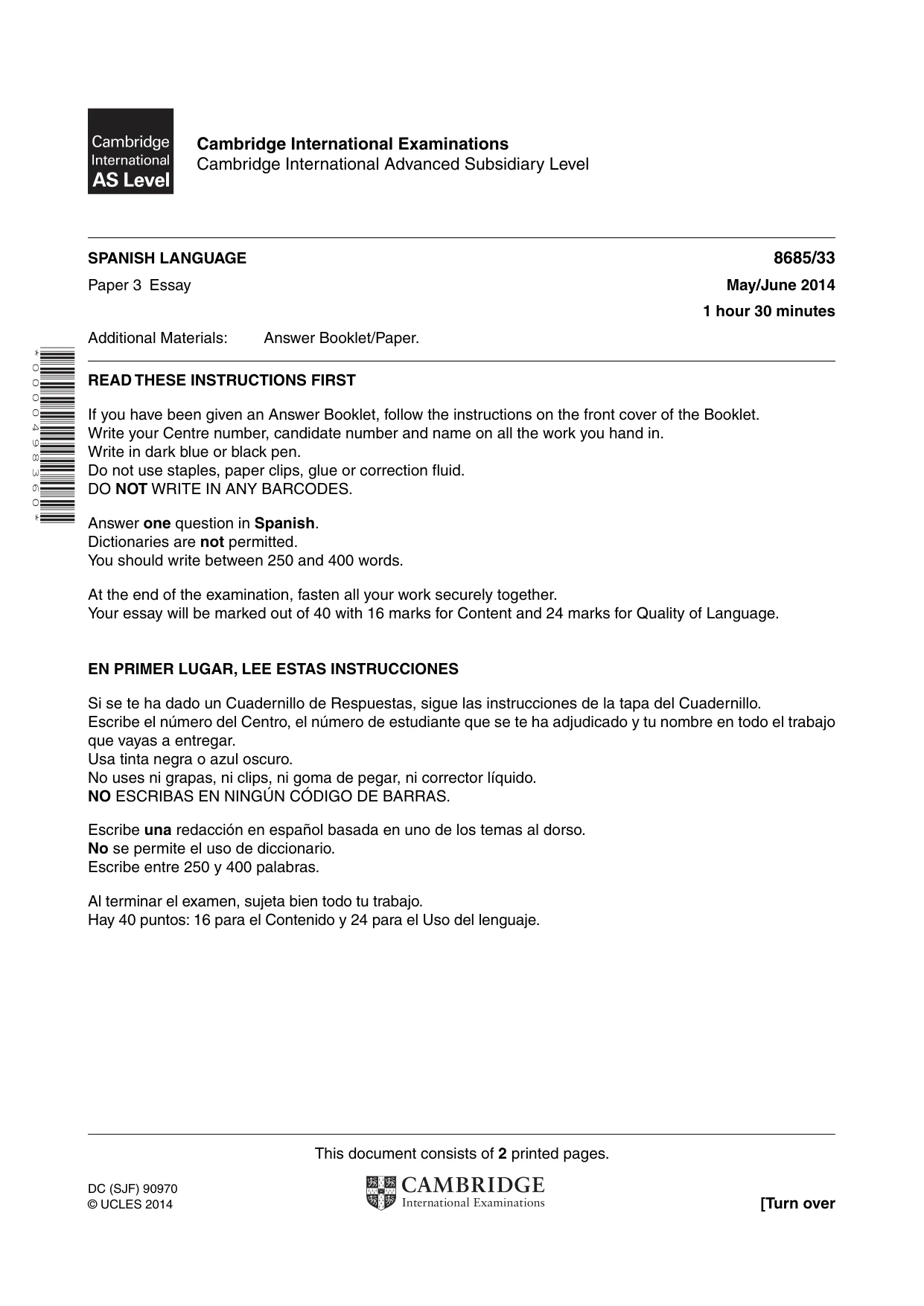 Cambridge A Level Spanish - Language (AS Level only) 8685 2014 May/June Paper 3 · Variant 3 question paper, page 1 of 2