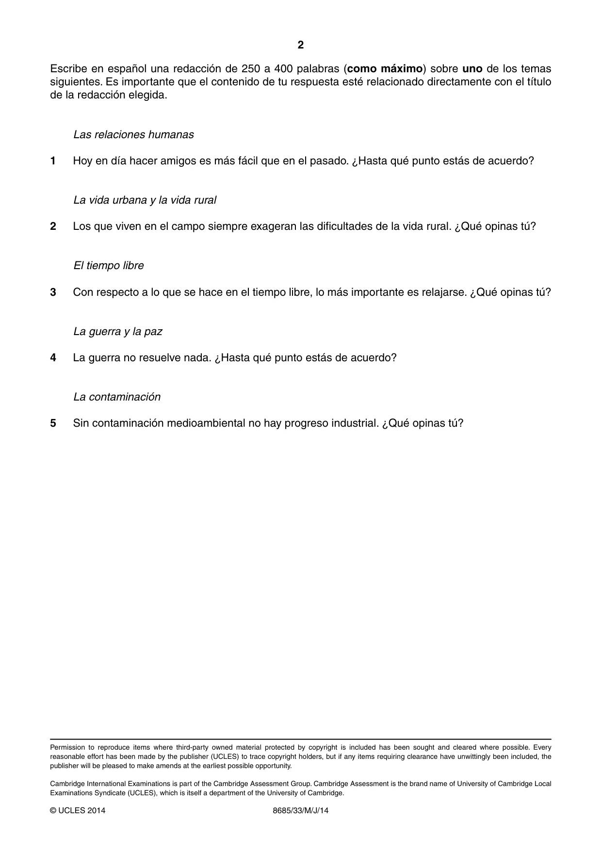 Cambridge A Level Spanish - Language (AS Level only) 8685 2014 May/June Paper 3 · Variant 3 question paper, page 2 of 2