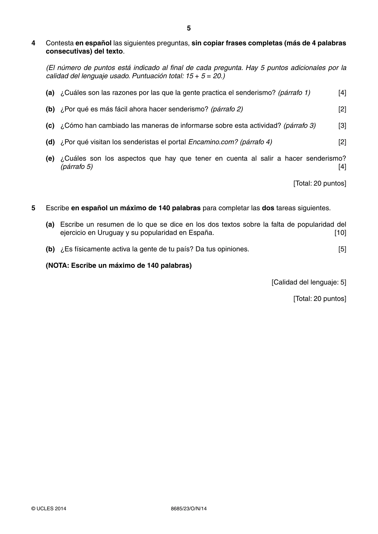 Cambridge A Level Spanish - Language (AS Level only) 8685 2014 Oct/Nov Paper 2 · Variant 3 question paper, page 5 of 8