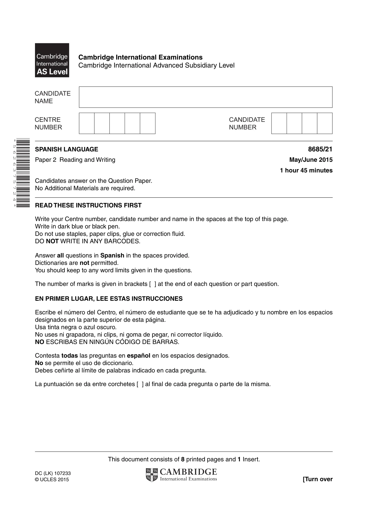 Cambridge A Level Spanish - Language (AS Level only) 8685 2015 May/June Paper 2 · Variant 1 question paper, page 1 of 8