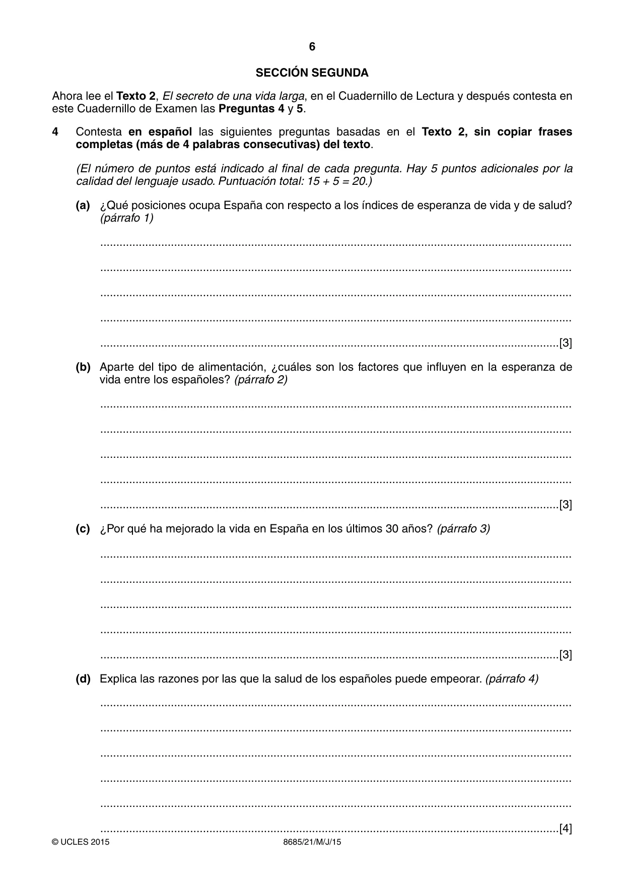 Cambridge A Level Spanish - Language (AS Level only) 8685 2015 May/June Paper 2 · Variant 1 question paper, page 6 of 8