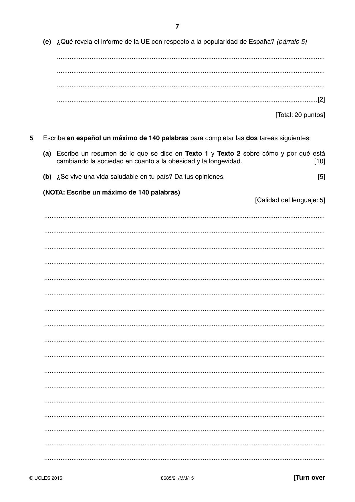 Cambridge A Level Spanish - Language (AS Level only) 8685 2015 May/June Paper 2 · Variant 1 question paper, page 7 of 8