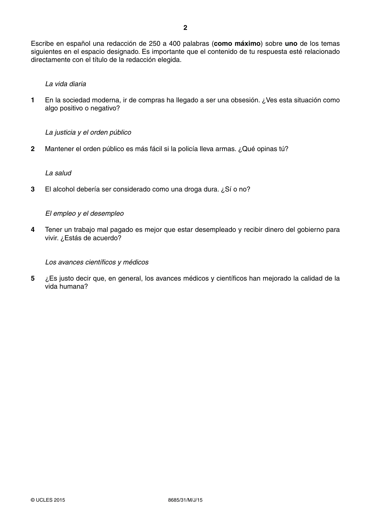 Cambridge A Level Spanish - Language (AS Level only) 8685 2015 May/June Paper 3 · Variant 1 question paper, page 2 of 8