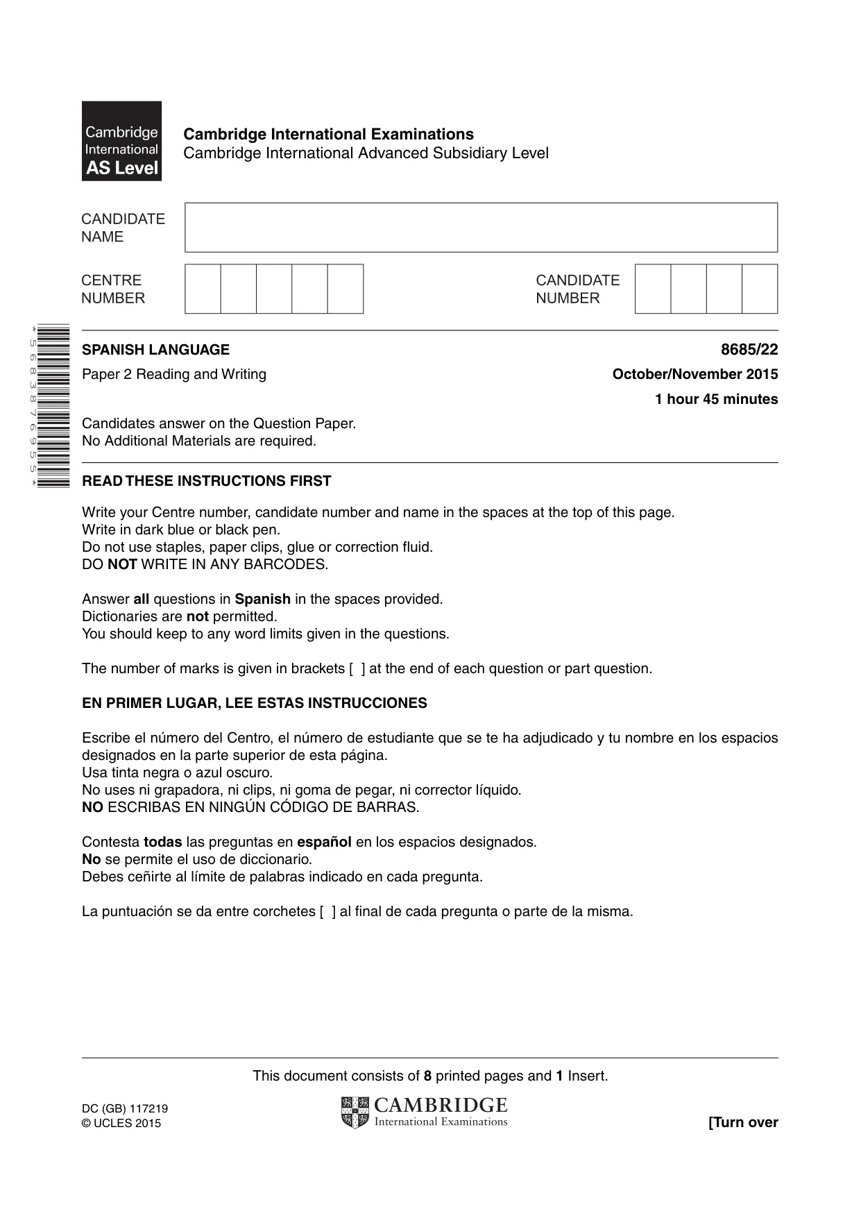 Cambridge A Level Spanish - Language (AS Level only) 8685 2015 Oct/Nov Paper 2 · Variant 2 question paper, page 1 of 8