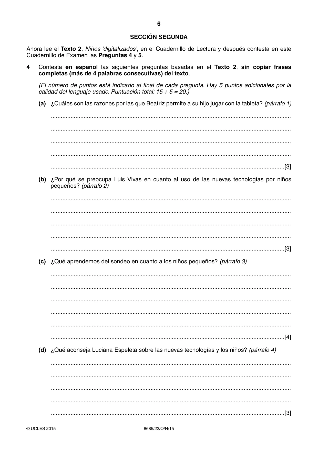 Cambridge A Level Spanish - Language (AS Level only) 8685 2015 Oct/Nov Paper 2 · Variant 2 question paper, page 6 of 8