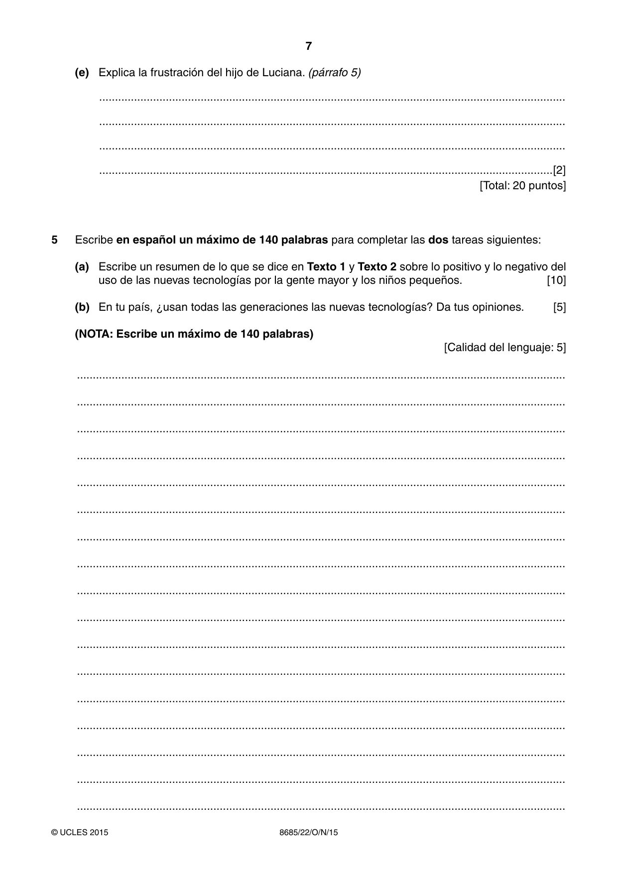 Cambridge A Level Spanish - Language (AS Level only) 8685 2015 Oct/Nov Paper 2 · Variant 2 question paper, page 7 of 8