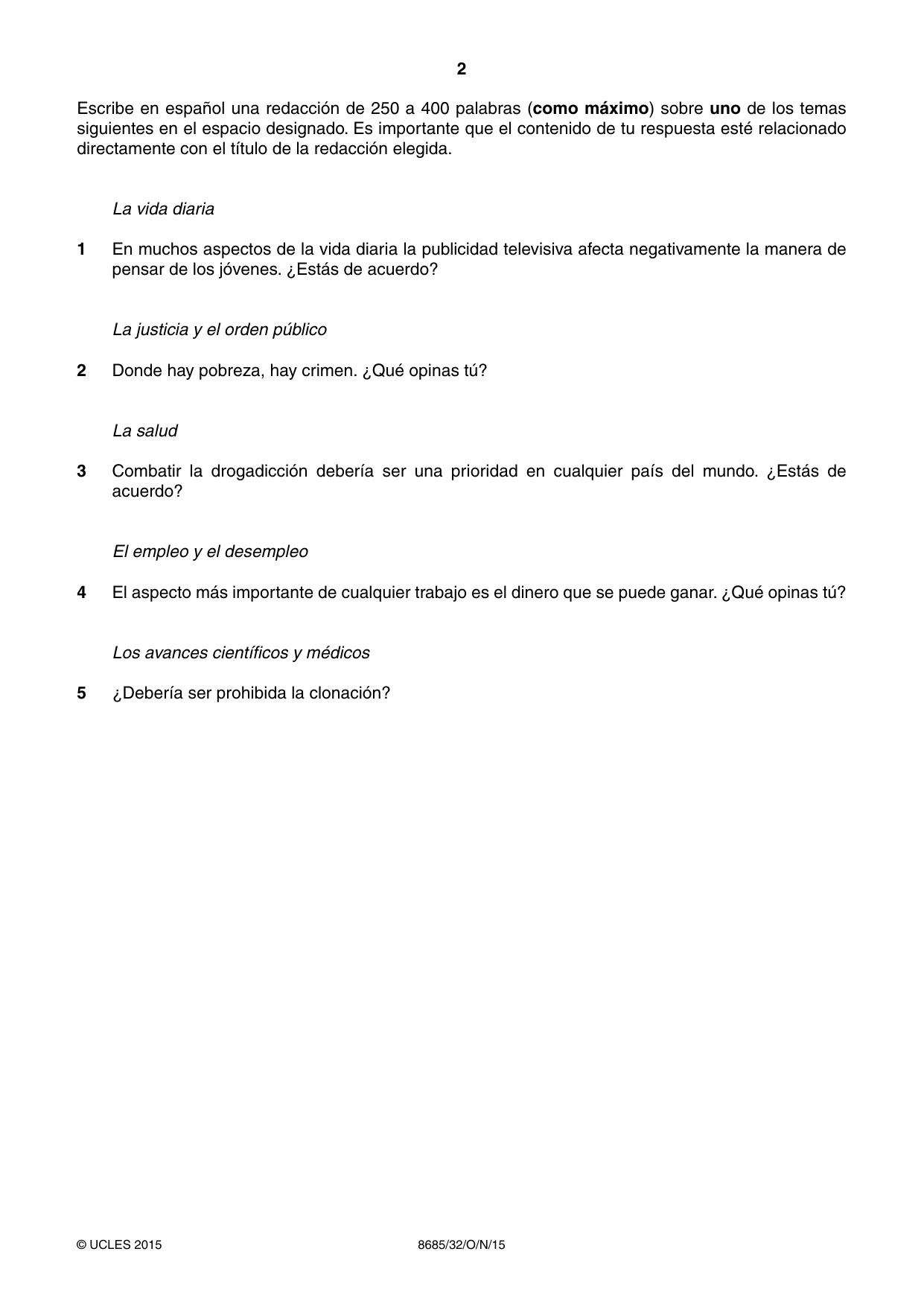 Cambridge A Level Spanish - Language (AS Level only) 8685 2015 Oct/Nov Paper 3 · Variant 2 question paper, page 2 of 8