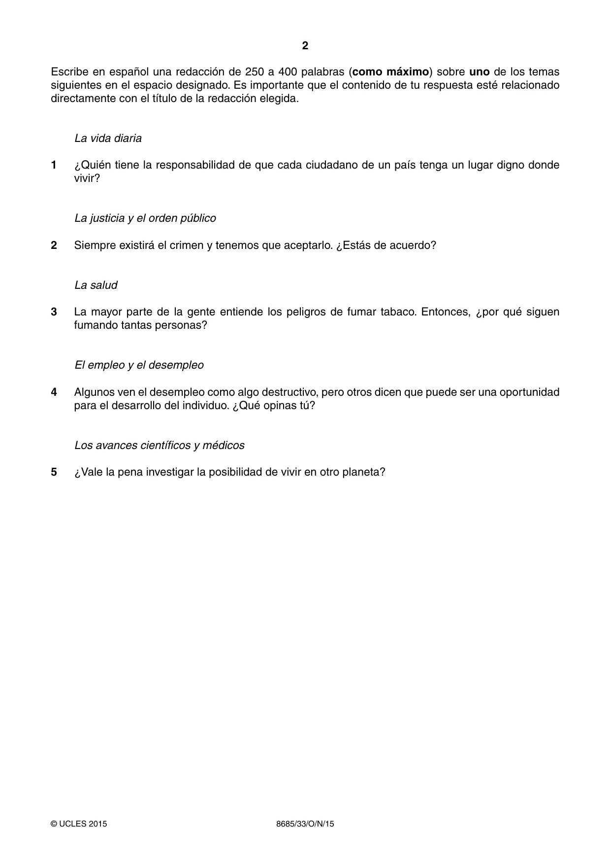 Cambridge A Level Spanish - Language (AS Level only) 8685 2015 Oct/Nov Paper 3 · Variant 3 question paper, page 2 of 8