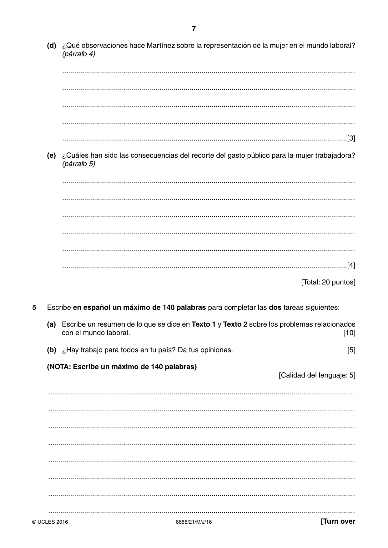 Cambridge A Level Spanish - Language (AS Level only) 8685 2016 May/June Paper 2 · Variant 1 question paper, page 7 of 8