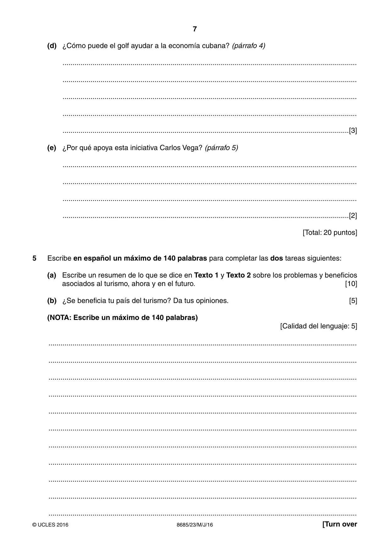 Cambridge A Level Spanish - Language (AS Level only) 8685 2016 May/June Paper 2 · Variant 3 question paper, page 7 of 8