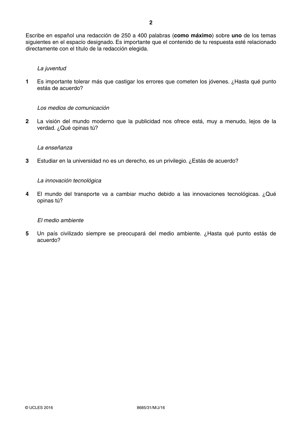 Cambridge A Level Spanish - Language (AS Level only) 8685 2016 May/June Paper 3 · Variant 1 question paper, page 2 of 8