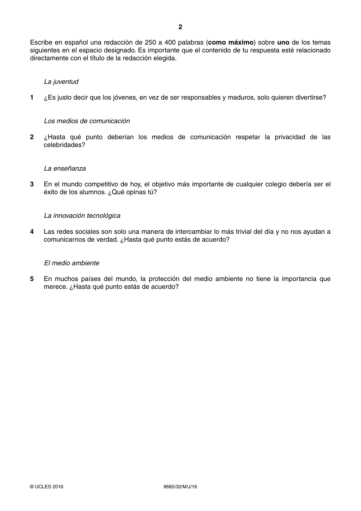 Cambridge A Level Spanish - Language (AS Level only) 8685 2016 May/June Paper 3 · Variant 2 question paper, page 2 of 8