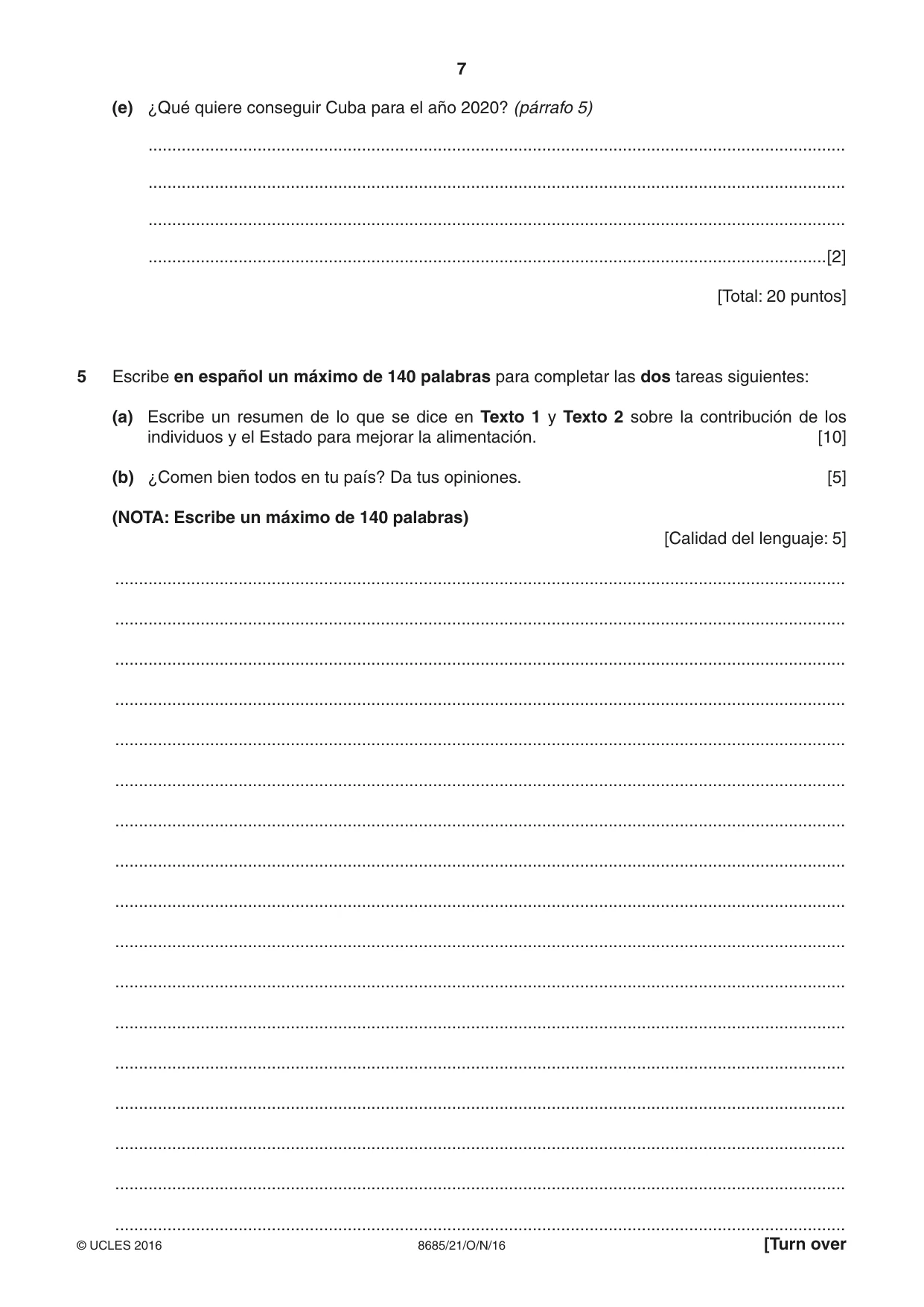 Cambridge A Level Spanish - Language (AS Level only) 8685 2016 Oct/Nov Paper 2 · Variant 1 question paper, page 7 of 8