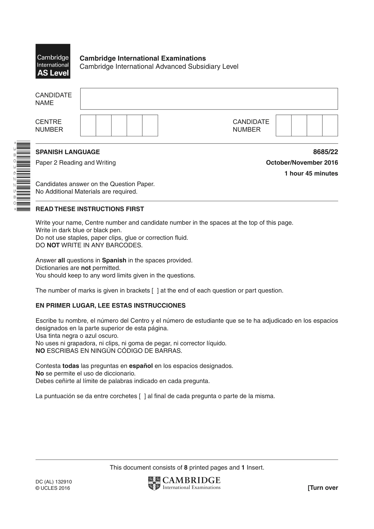 Cambridge A Level Spanish - Language (AS Level only) 8685 2016 Oct/Nov Paper 2 · Variant 2 question paper, page 1 of 8
