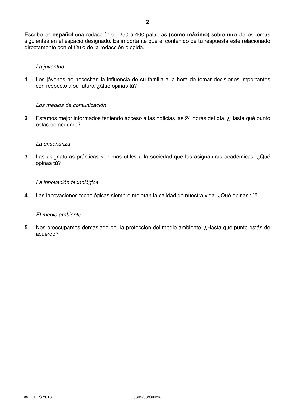 Cambridge A Level Spanish - Language (AS Level only) 8685 2016 Oct/Nov Paper 3 · Variant 3 question paper, page 2 of 8