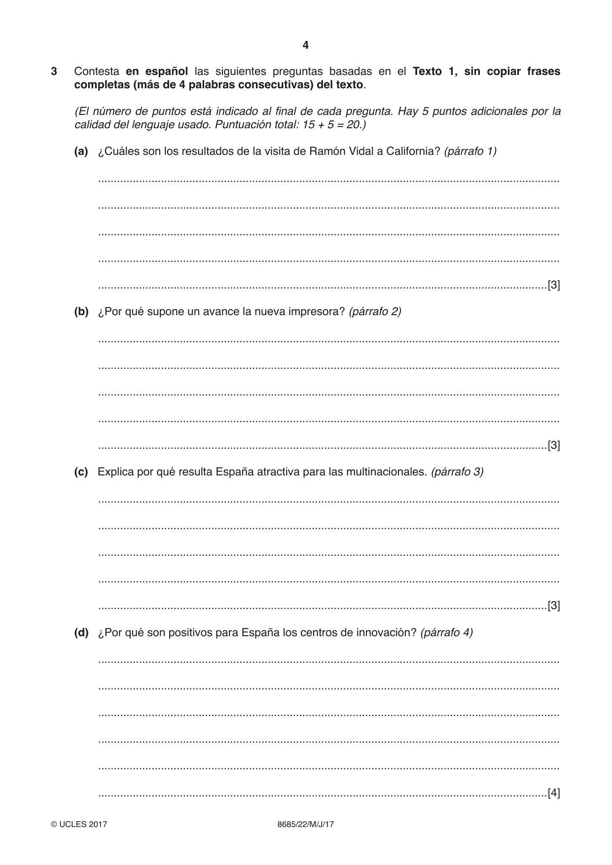 Cambridge A Level Spanish - Language (AS Level only) 8685 2017 May/June Paper 2 · Variant 2 question paper, page 4 of 8