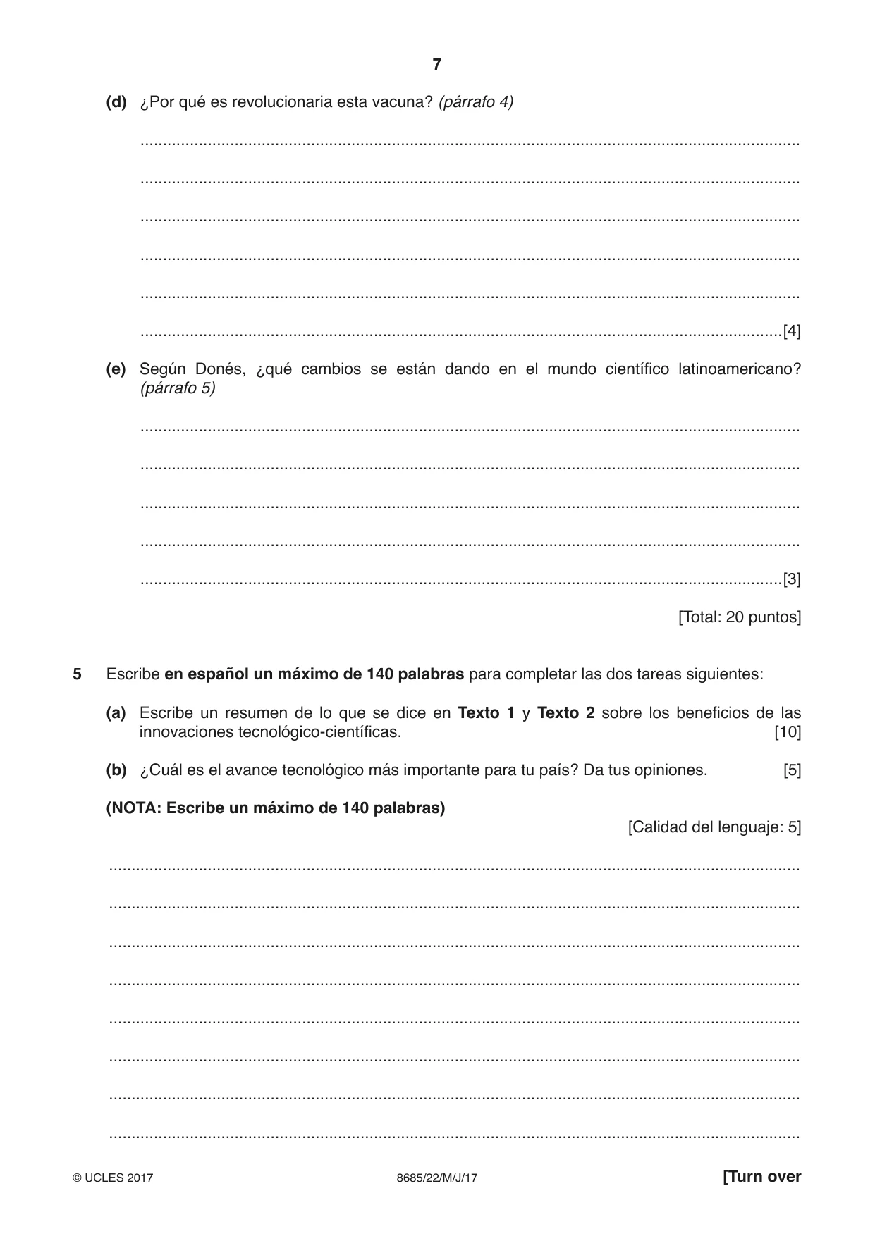 Cambridge A Level Spanish - Language (AS Level only) 8685 2017 May/June Paper 2 · Variant 2 question paper, page 7 of 8