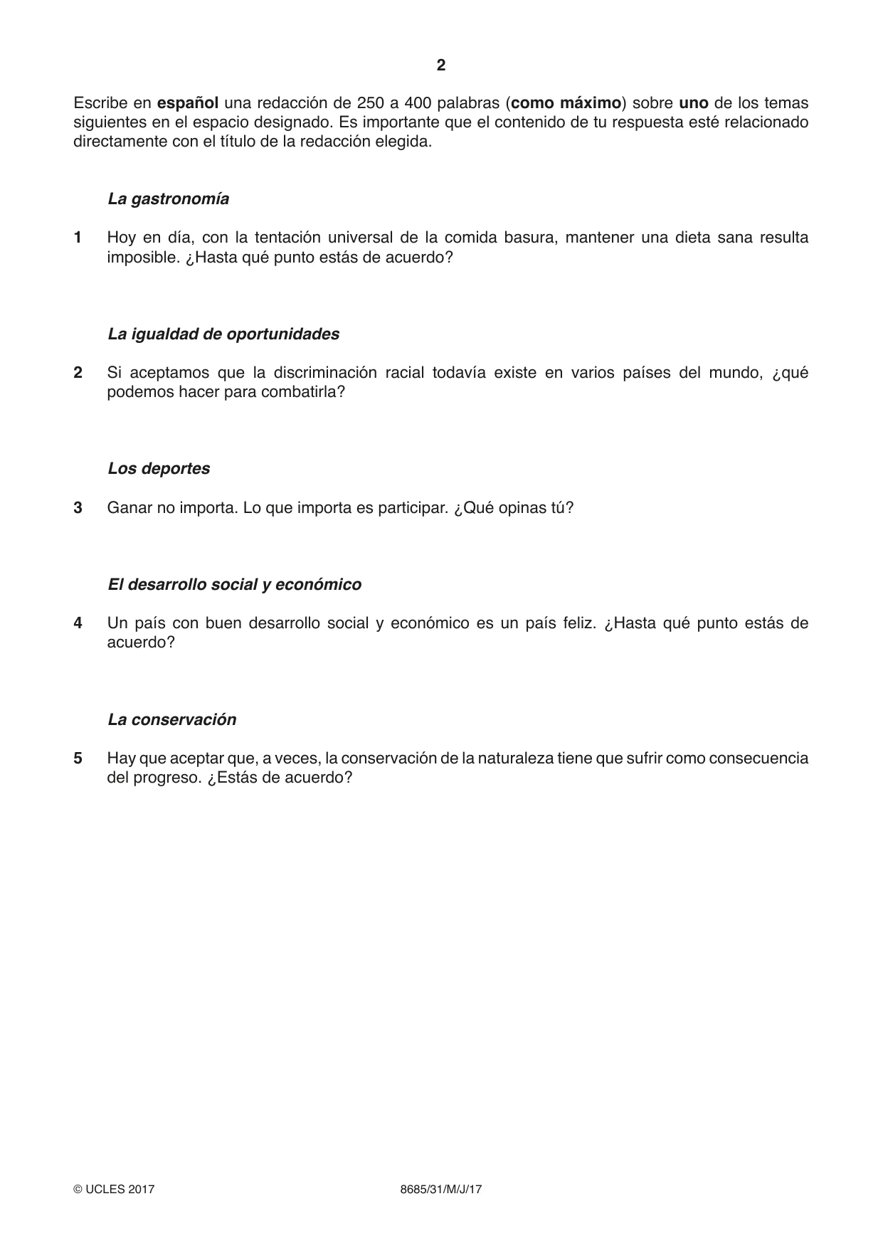 Cambridge A Level Spanish - Language (AS Level only) 8685 2017 May/June Paper 3 · Variant 1 question paper, page 2 of 8