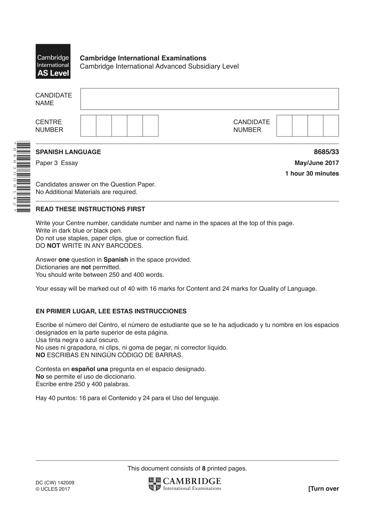 Cambridge A Level Spanish - Language (AS Level only) 8685 2017 May/June Paper 3 · Variant 3 question paper, page 1 of 8