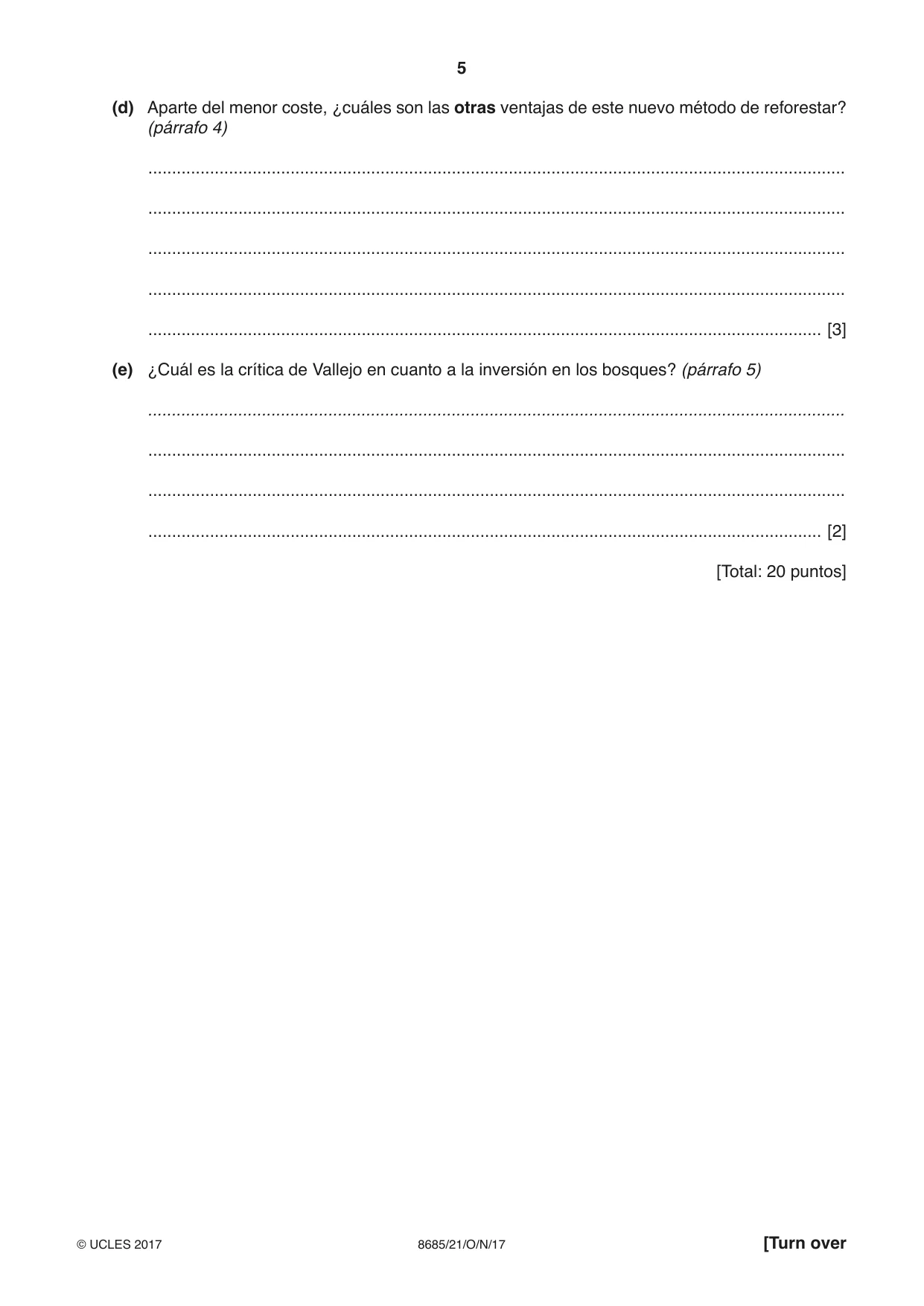Cambridge A Level Spanish - Language (AS Level only) 8685 2017 Oct/Nov Paper 2 · Variant 1 question paper, page 5 of 8
