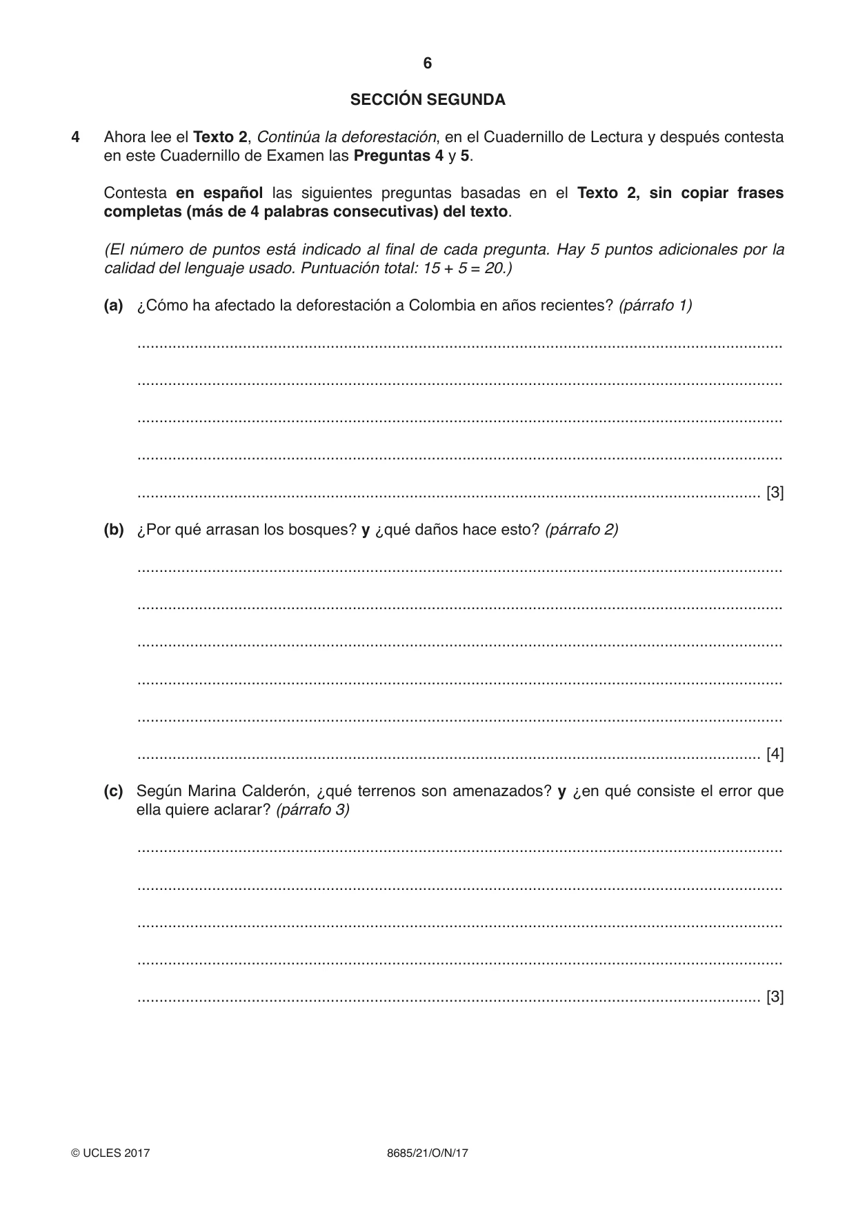 Cambridge A Level Spanish - Language (AS Level only) 8685 2017 Oct/Nov Paper 2 · Variant 1 question paper, page 6 of 8
