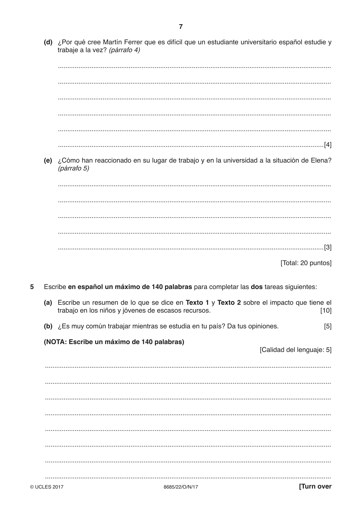 Cambridge A Level Spanish - Language (AS Level only) 8685 2017 Oct/Nov Paper 2 · Variant 2 question paper, page 7 of 8