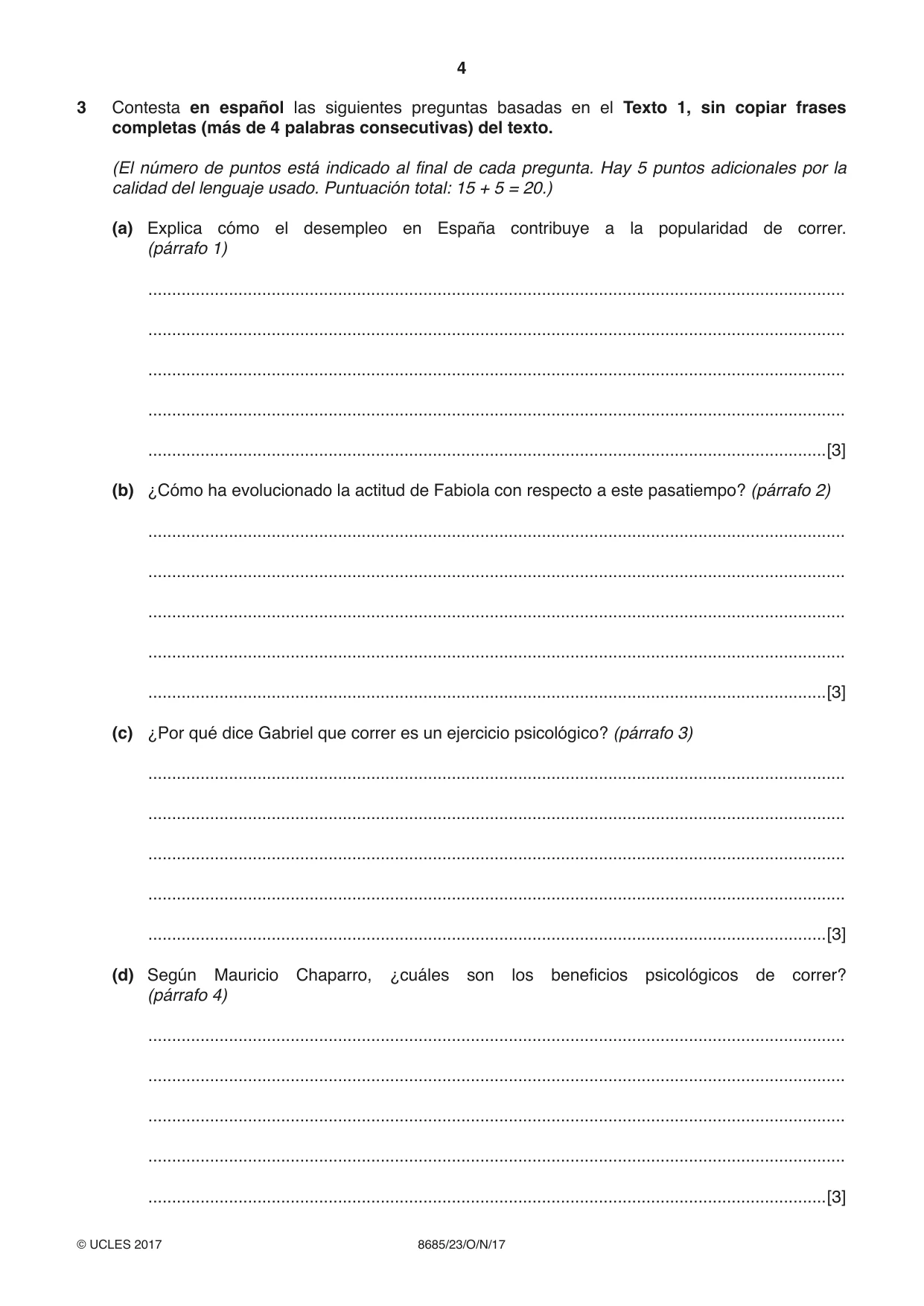 Cambridge A Level Spanish - Language (AS Level only) 8685 2017 Oct/Nov Paper 2 · Variant 3 question paper, page 4 of 8
