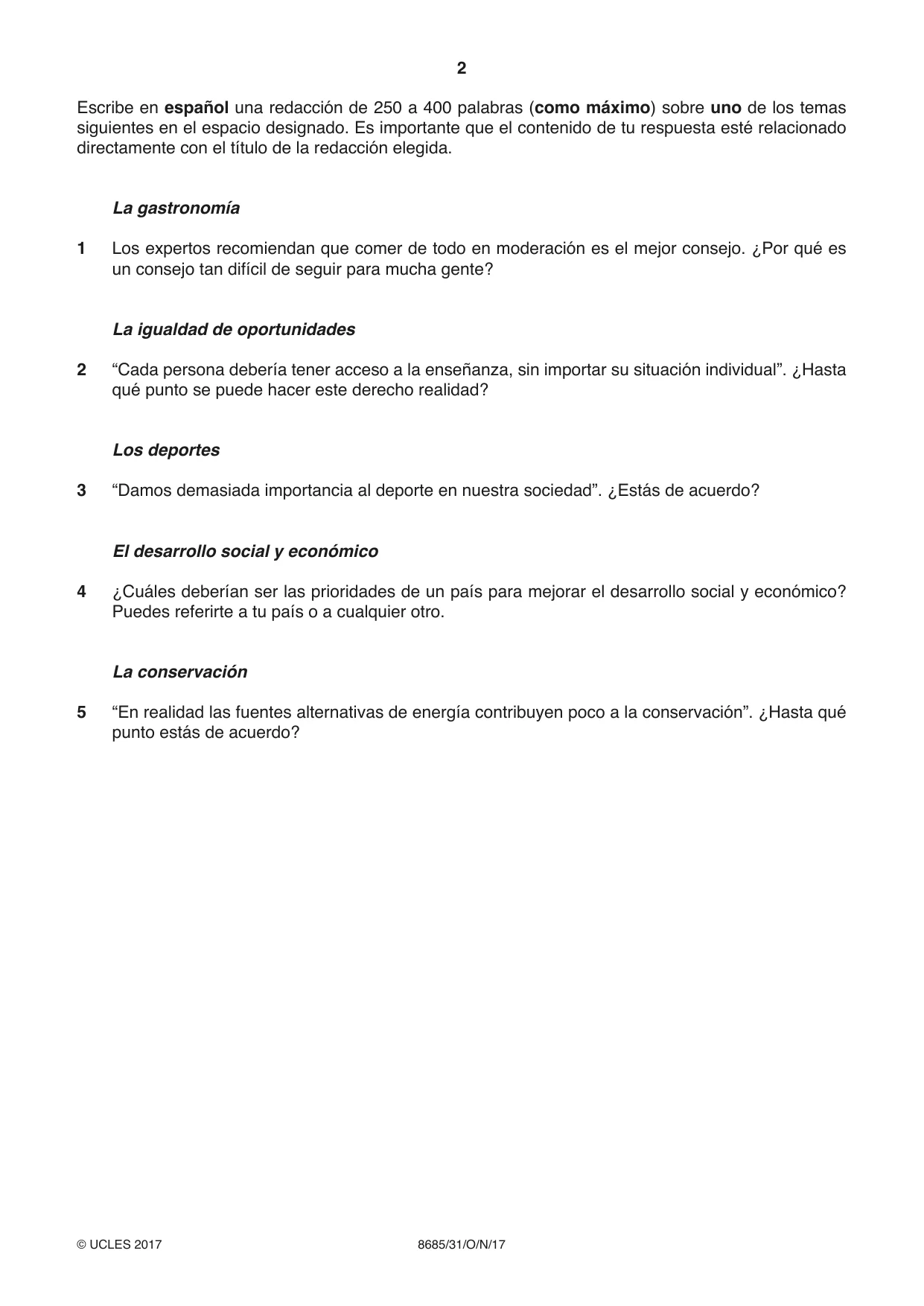 Cambridge A Level Spanish - Language (AS Level only) 8685 2017 Oct/Nov Paper 3 · Variant 1 question paper, page 2 of 8