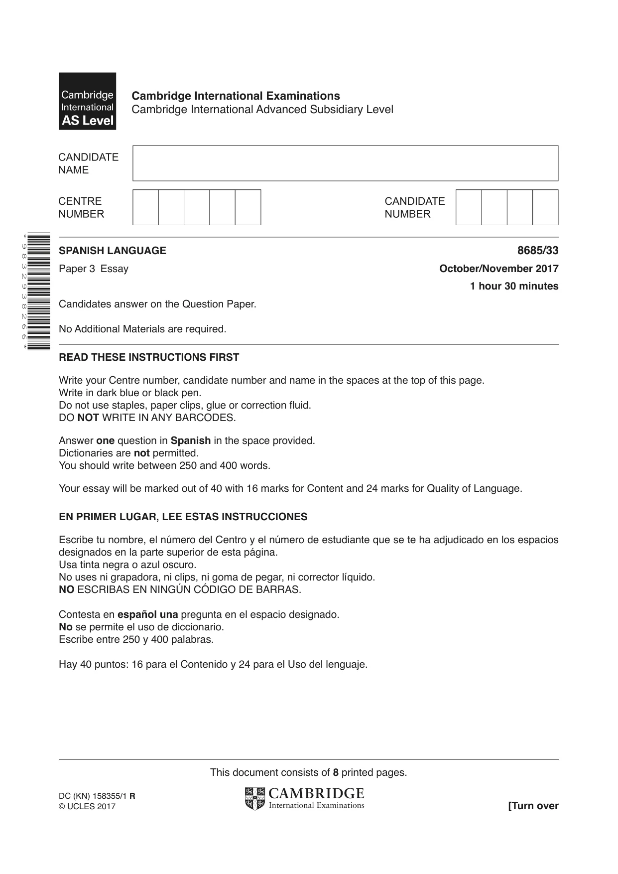 Cambridge A Level Spanish - Language (AS Level only) 8685 2017 Oct/Nov Paper 3 · Variant 3 question paper, page 1 of 8