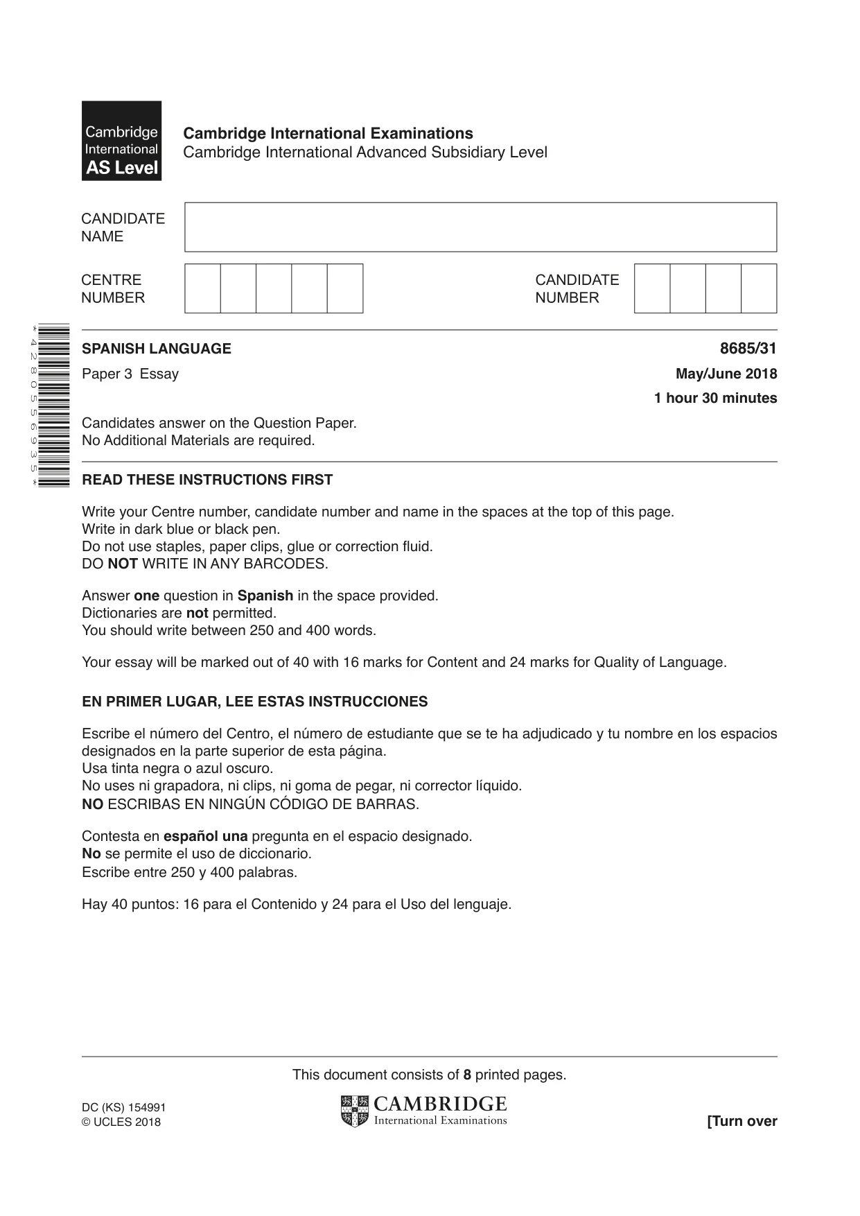 Cambridge A Level Spanish - Language (AS Level only) 8685 2018 May/June Paper 3 · Variant 1 question paper, page 1 of 8