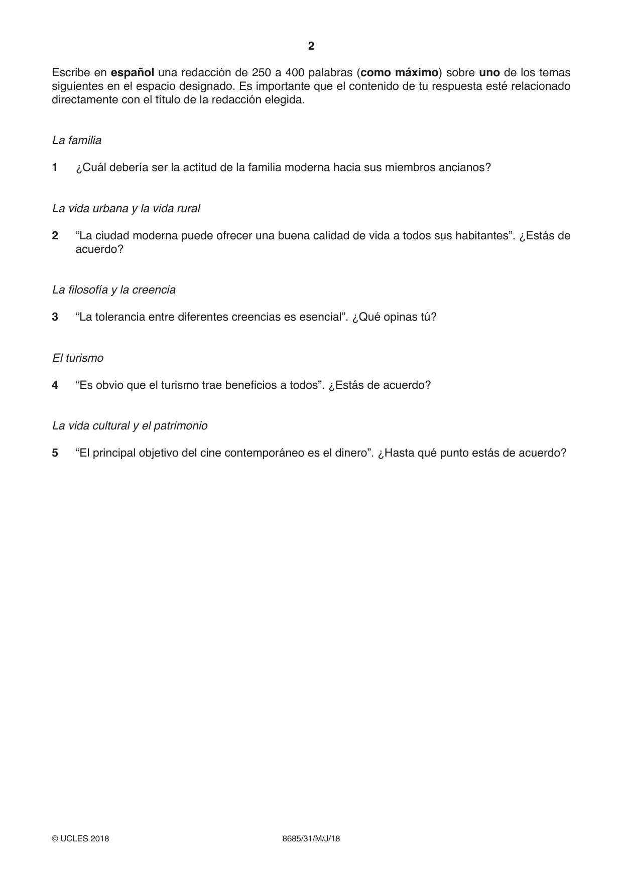Cambridge A Level Spanish - Language (AS Level only) 8685 2018 May/June Paper 3 · Variant 1 question paper, page 2 of 8