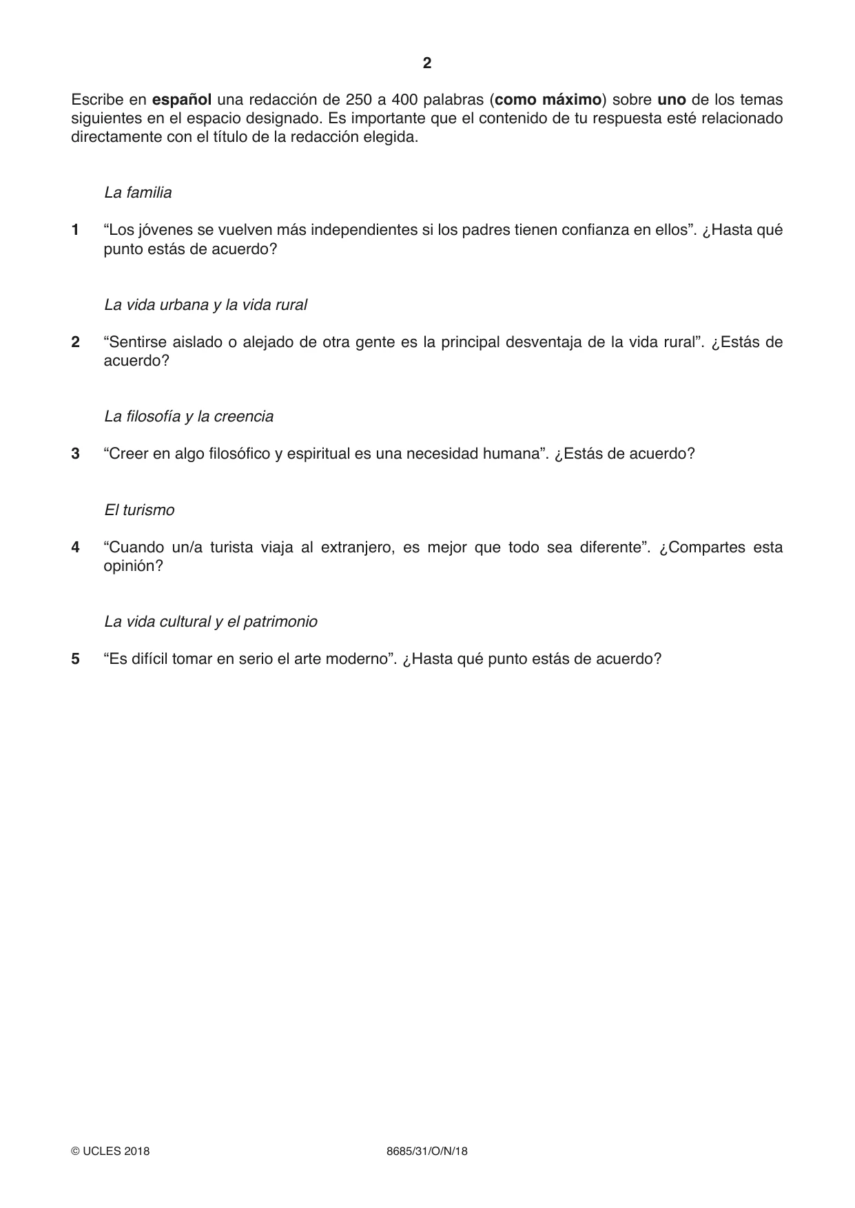 Cambridge A Level Spanish - Language (AS Level only) 8685 2018 Oct/Nov Paper 3 · Variant 1 question paper, page 2 of 8