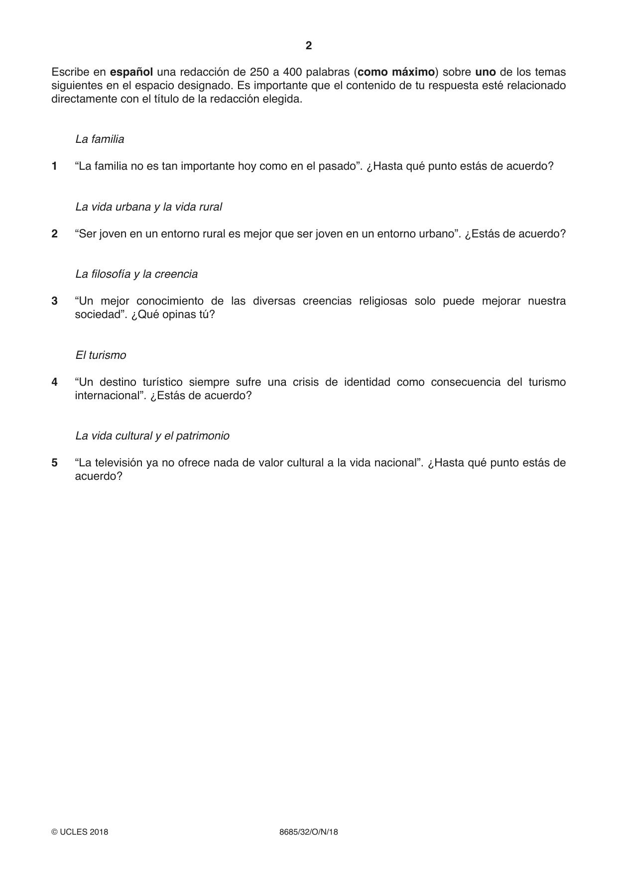 Cambridge A Level Spanish - Language (AS Level only) 8685 2018 Oct/Nov Paper 3 · Variant 2 question paper, page 2 of 8