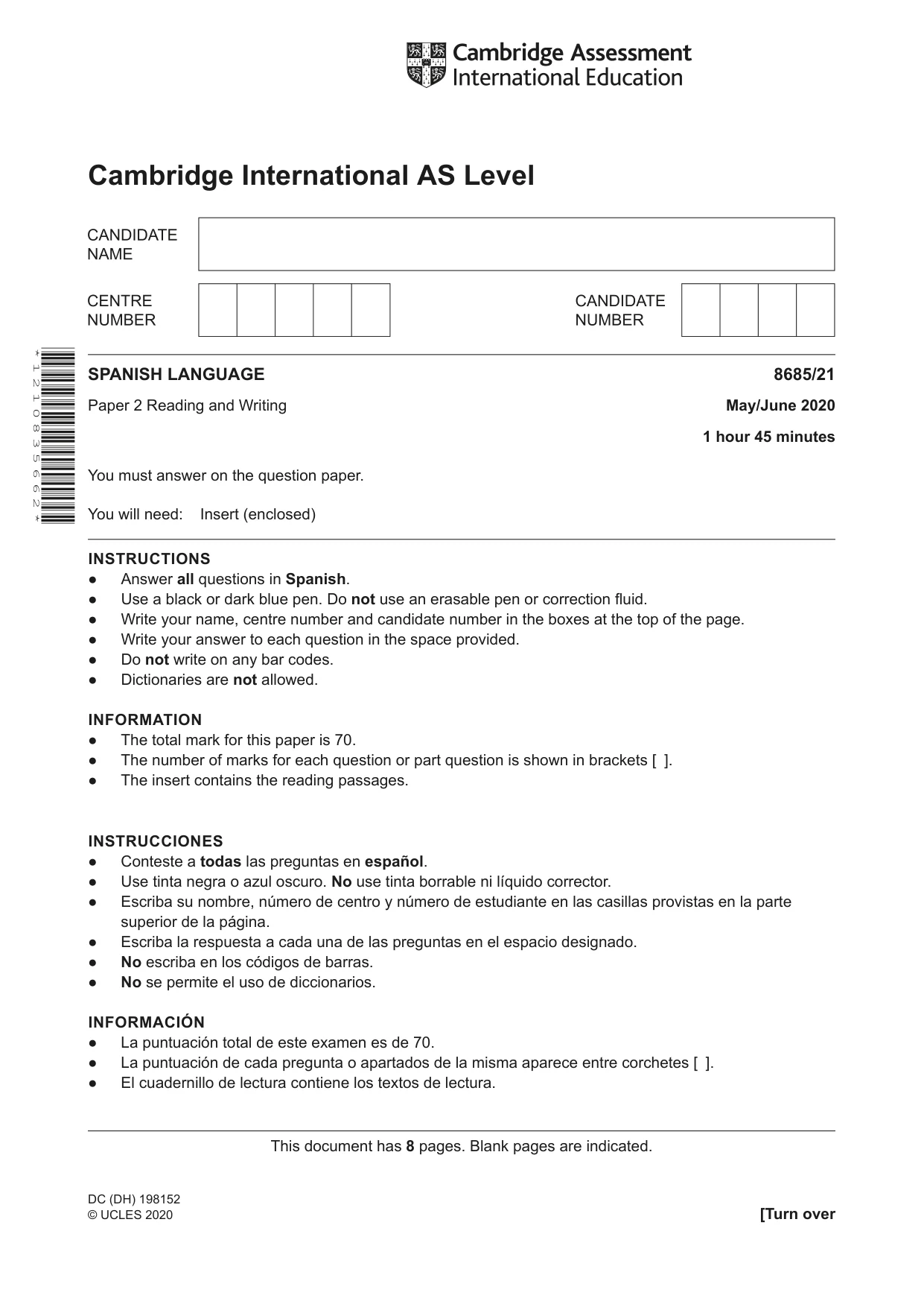 Cambridge A Level Spanish - Language (AS Level only) 8685 2020 May/June Paper 2 · Variant 1 question paper, page 1 of 8