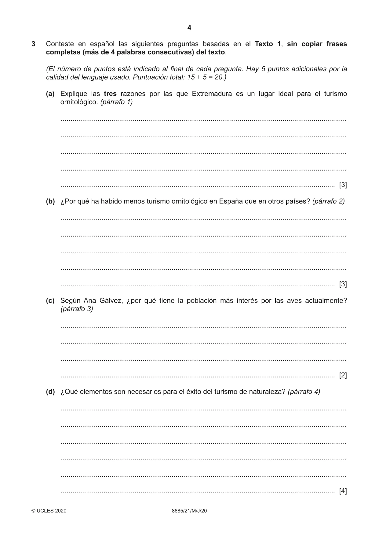 Cambridge A Level Spanish - Language (AS Level only) 8685 2020 May/June Paper 2 · Variant 1 question paper, page 4 of 8