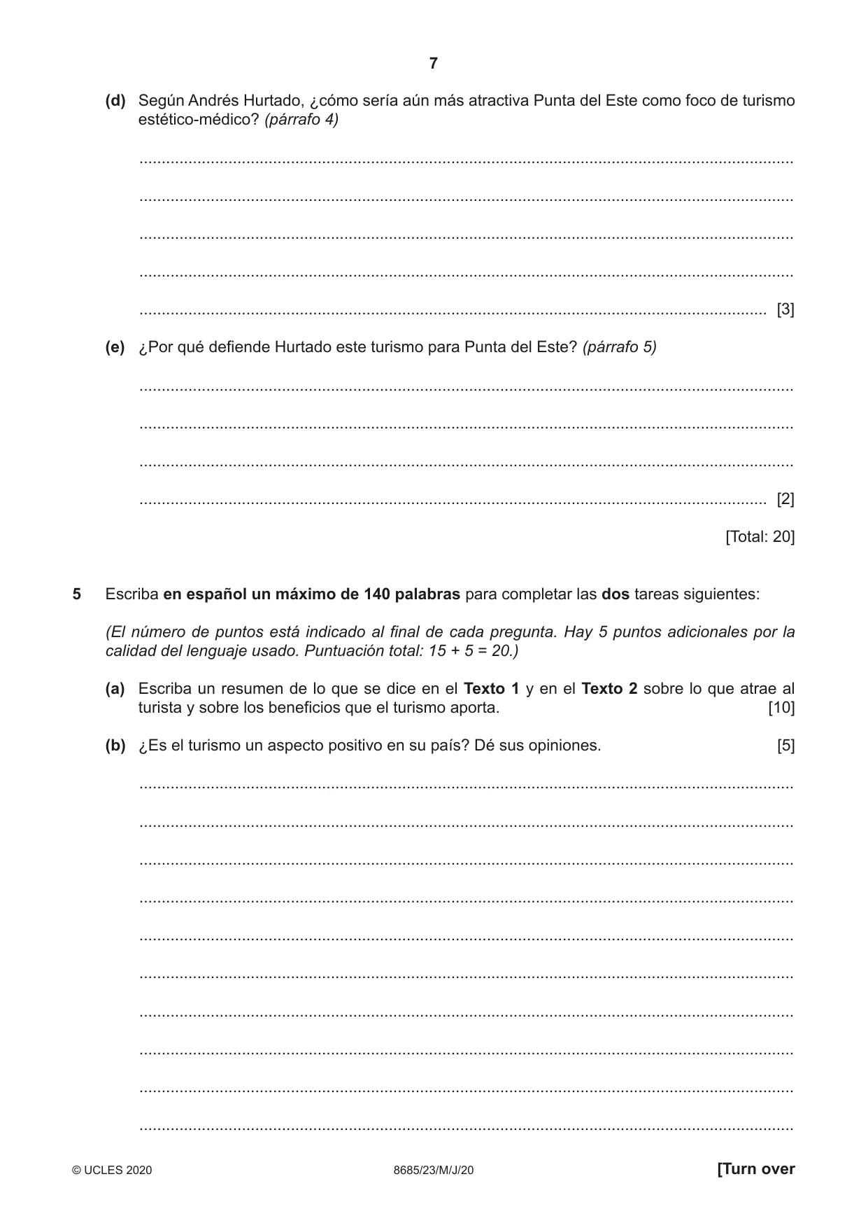 Cambridge A Level Spanish - Language (AS Level only) 8685 2020 May/June Paper 2 · Variant 3 question paper, page 7 of 8