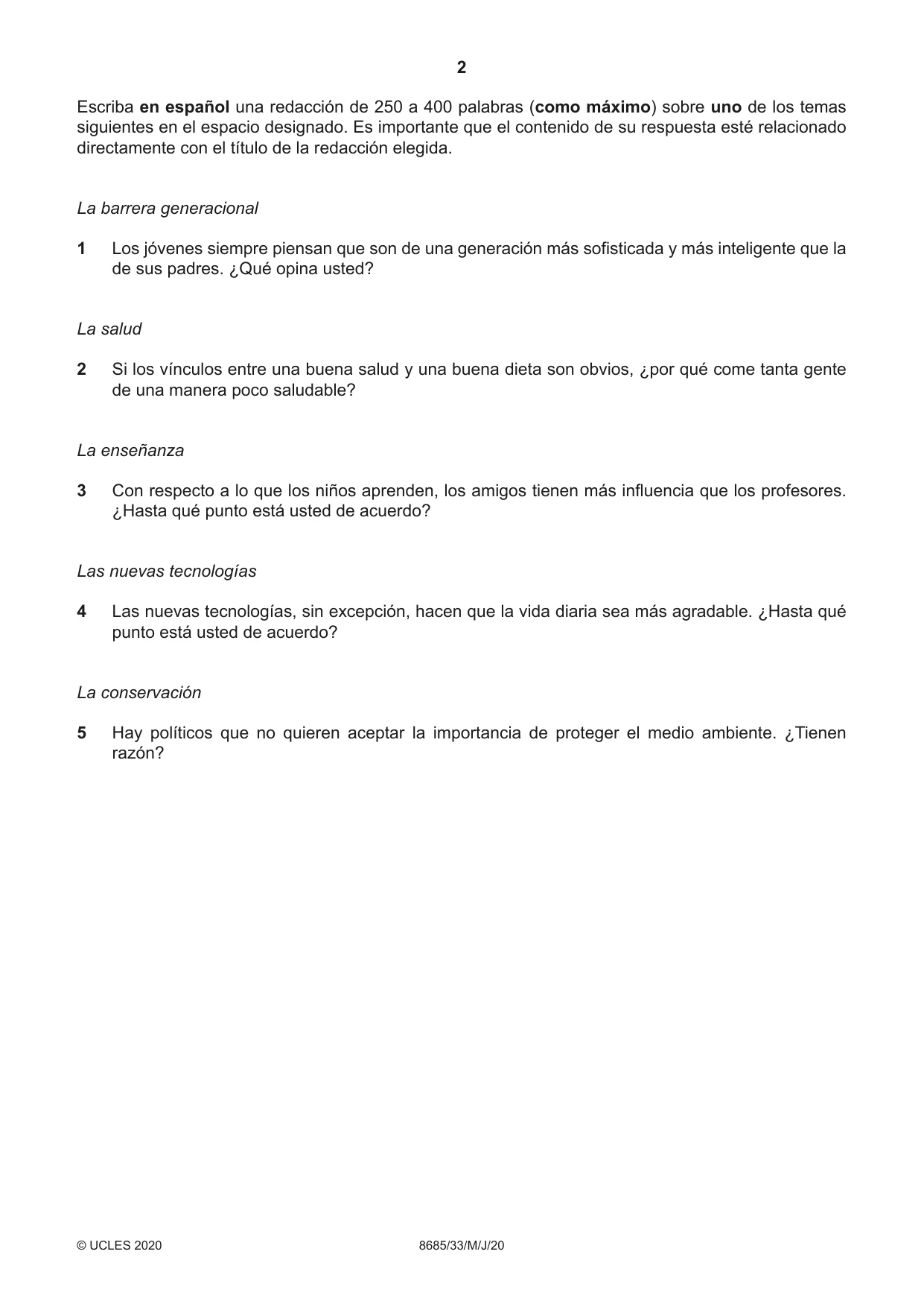Cambridge A Level Spanish - Language (AS Level only) 8685 2020 May/June Paper 3 · Variant 3 question paper, page 2 of 8