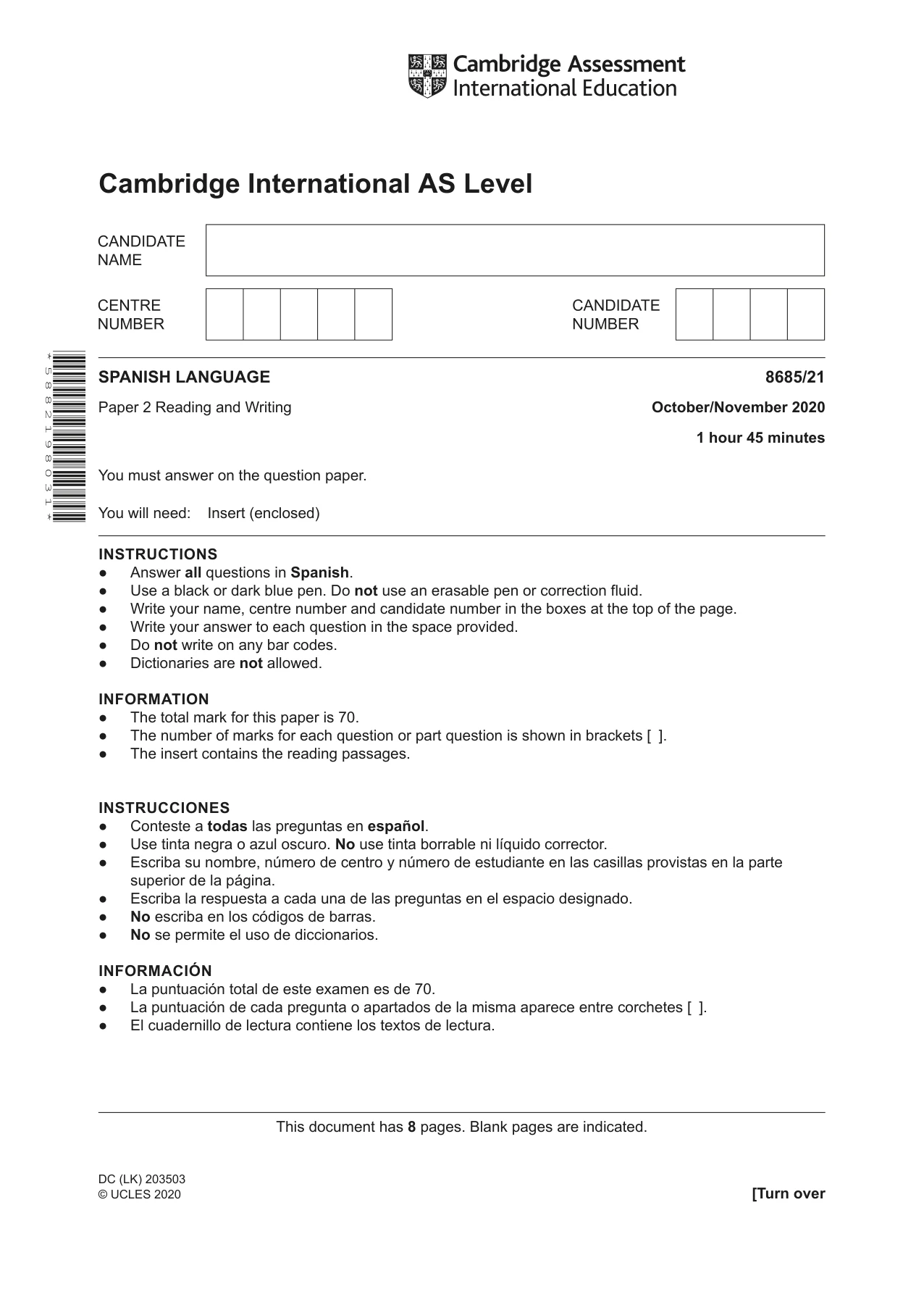 Cambridge A Level Spanish - Language (AS Level only) 8685 2020 Oct/Nov Paper 2 · Variant 1 question paper, page 1 of 8