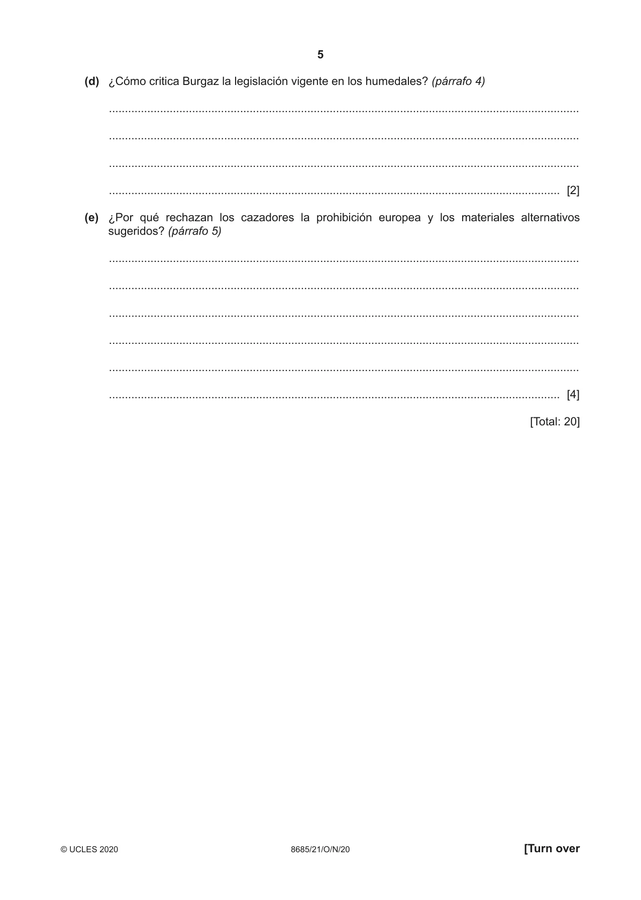Cambridge A Level Spanish - Language (AS Level only) 8685 2020 Oct/Nov Paper 2 · Variant 1 question paper, page 5 of 8
