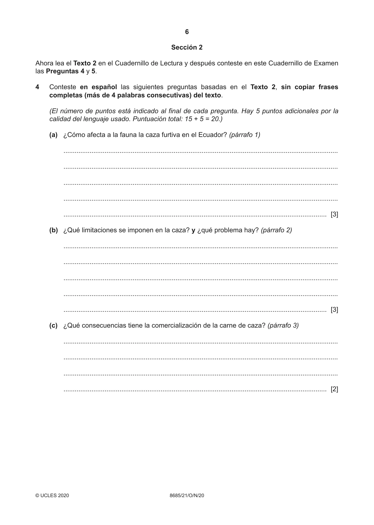 Cambridge A Level Spanish - Language (AS Level only) 8685 2020 Oct/Nov Paper 2 · Variant 1 question paper, page 6 of 8