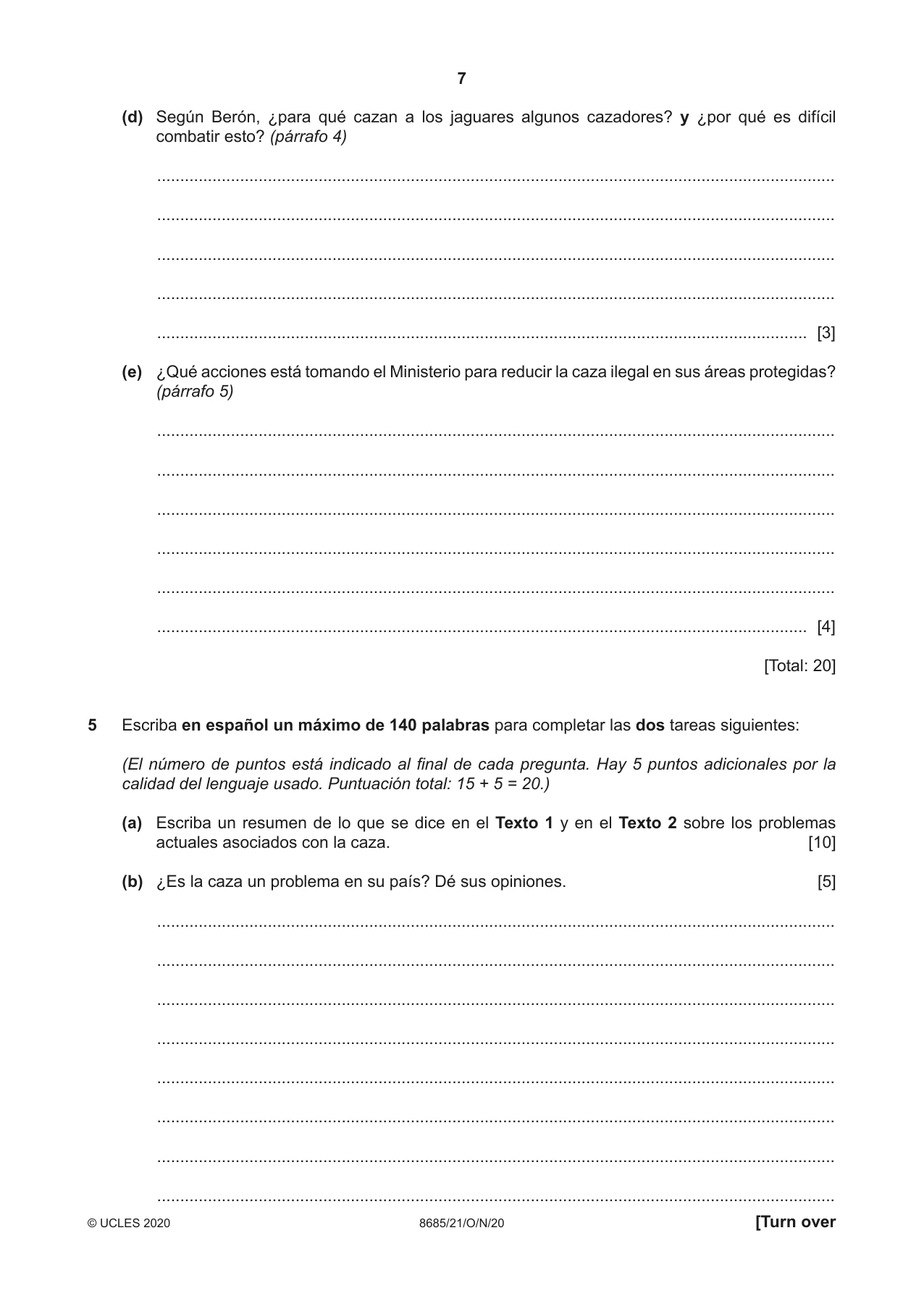 Cambridge A Level Spanish - Language (AS Level only) 8685 2020 Oct/Nov Paper 2 · Variant 1 question paper, page 7 of 8
