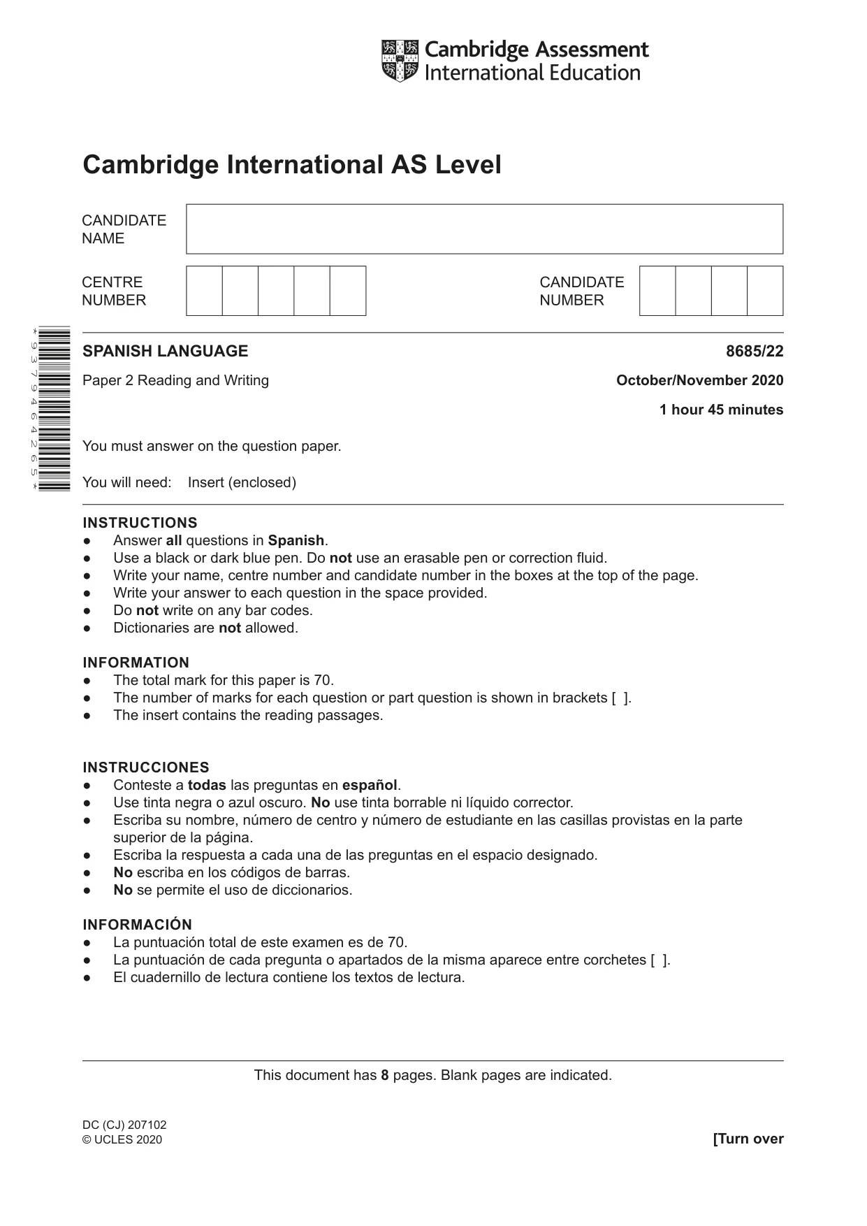 Cambridge A Level Spanish - Language (AS Level only) 8685 2020 Oct/Nov Paper 2 · Variant 2 question paper, page 1 of 8